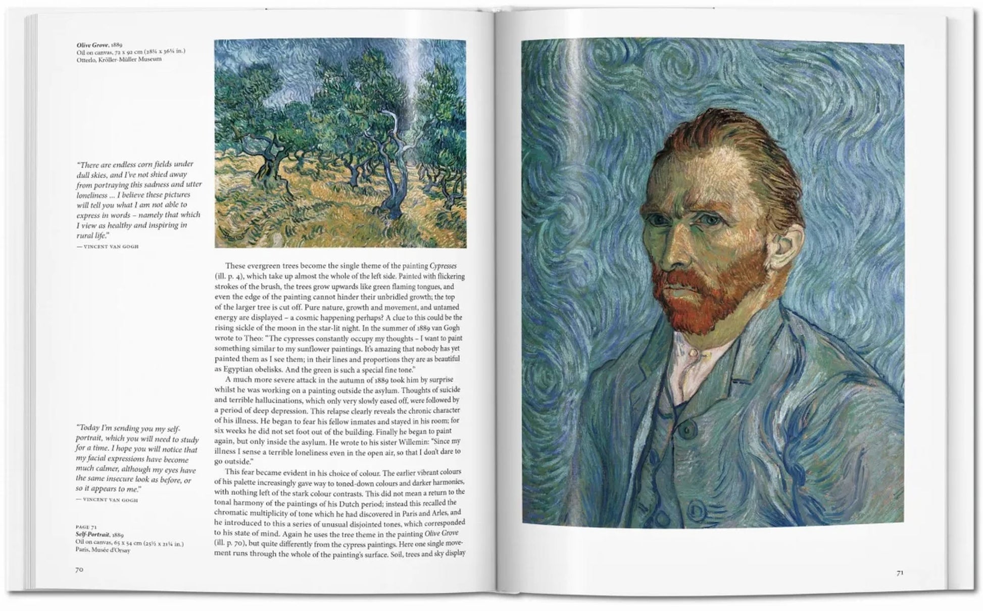 The TASCHEN Van Gogh book by TASCHEN features a post-Impressionism painting of swirling olive trees on the left page and van Gogh’s self-portrait on the right, each with descriptive text about these iconic works.