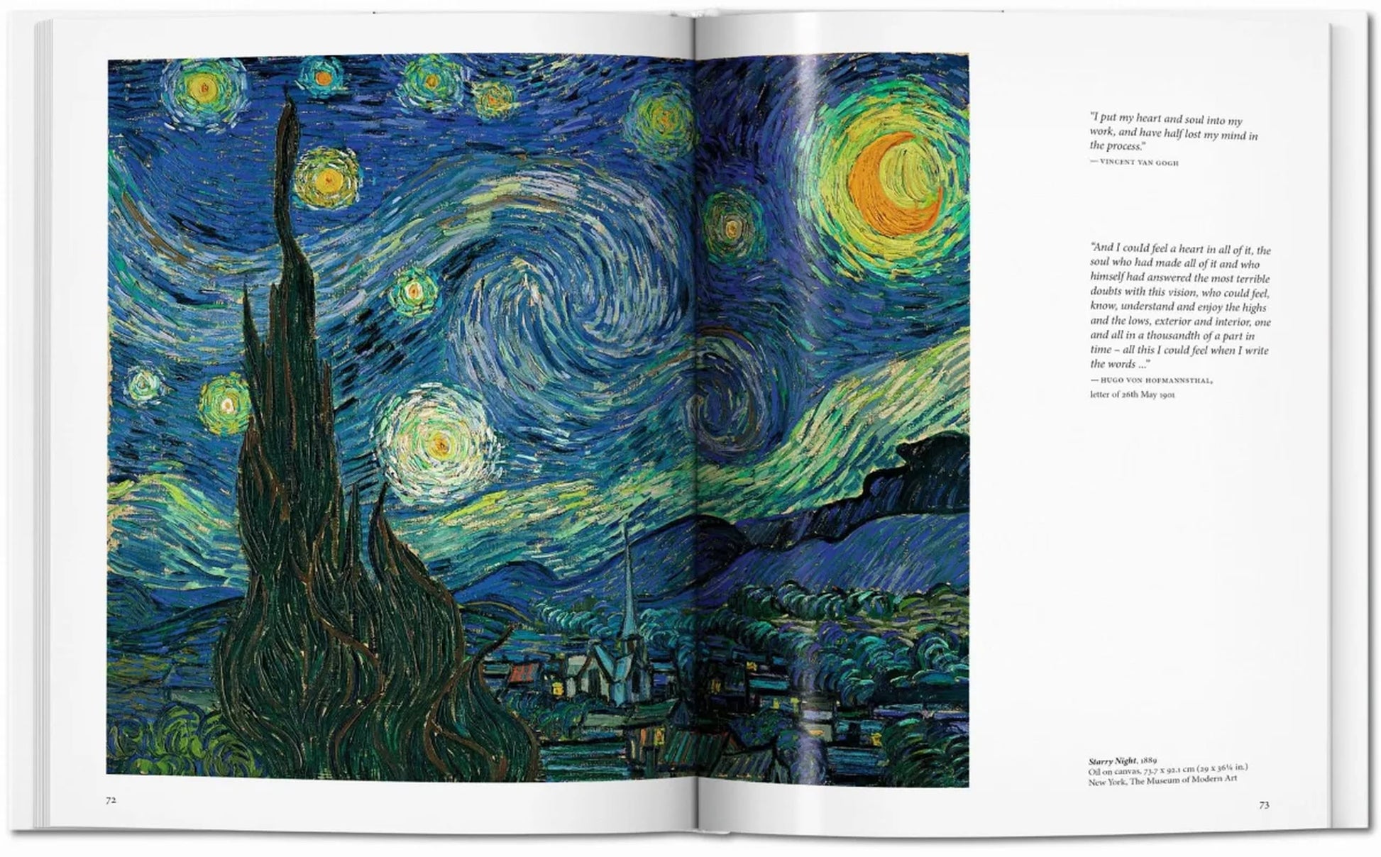 The TASCHEN Van Gogh book by TASCHEN shows “The Starry Night” with swirling skies on the left page and black quotes and text on a white background on the right.