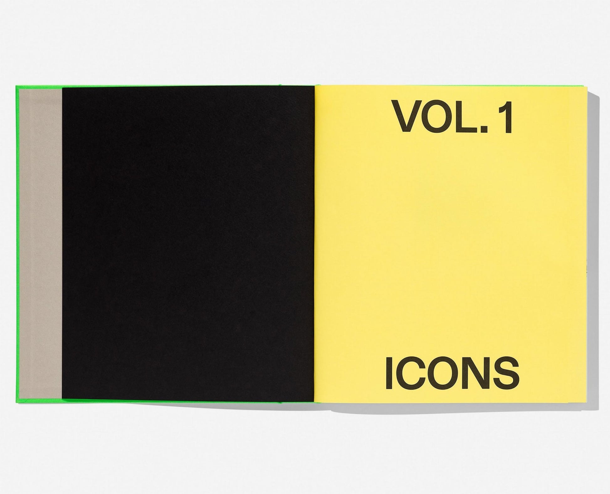 An open TASCHEN Virgil Abloh. Nike: ICONS book displays a black-and-gray left page and a bright yellow right page with bold text reading VOL. 1 ICONS, celebrating Virgil Abloh’s designs for Nike’s The Ten collection.
