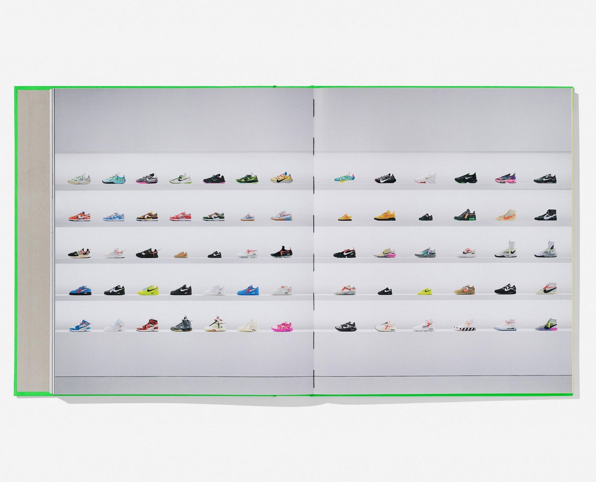 The TASCHEN Virgil Abloh. Nike: ICONS book shows a grid of colorful Nike sneakers from The Ten collection, each pair in side view across two white pages, highlighting iconic designs.