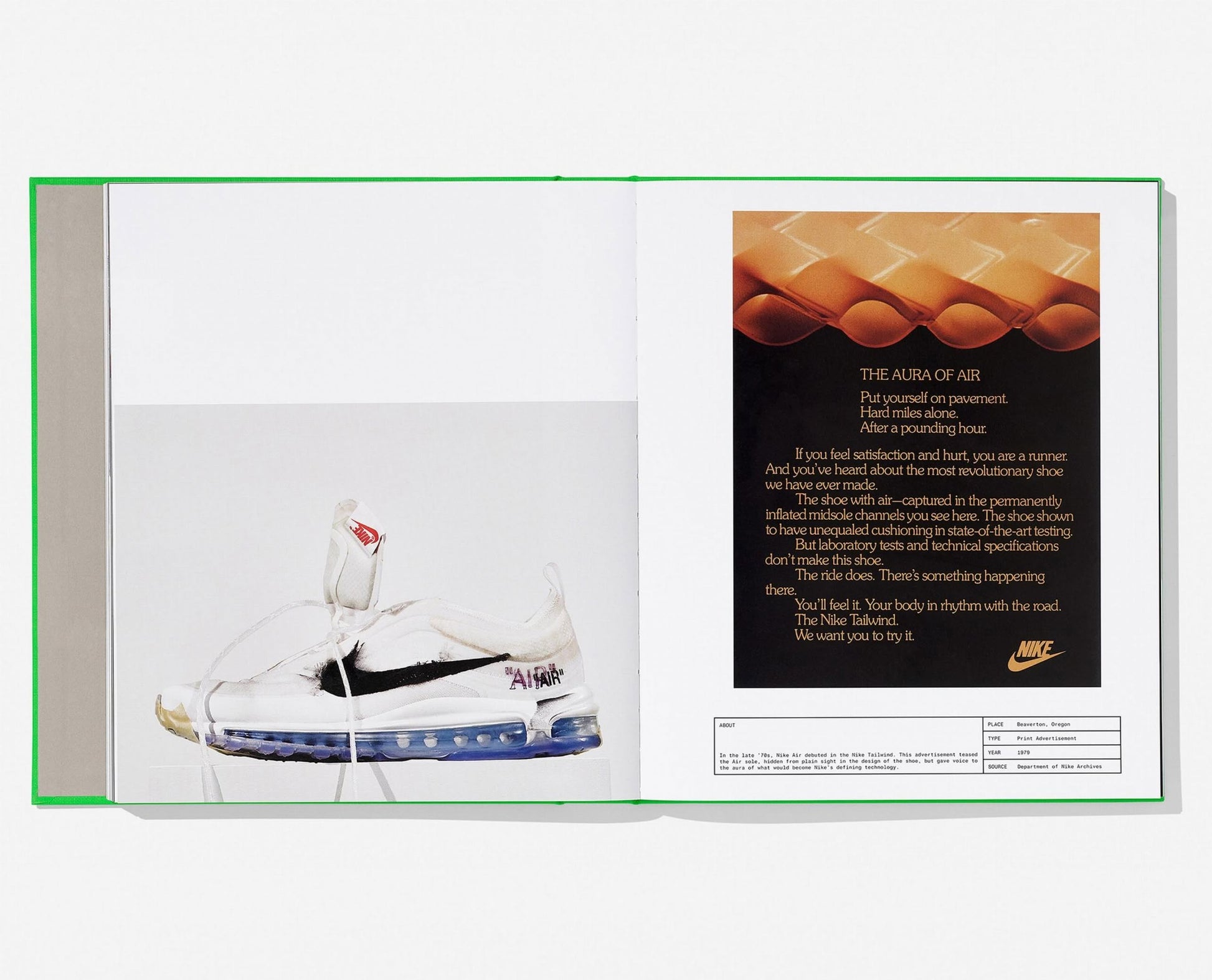 An open book, TASCHEN Virgil Abloh. Nike: ICONS by TASCHEN, shows a photo of a white Off-White x Nike sneaker from The Ten on the left page and a poem titled The Aura of Air with a Nike logo on the right.
