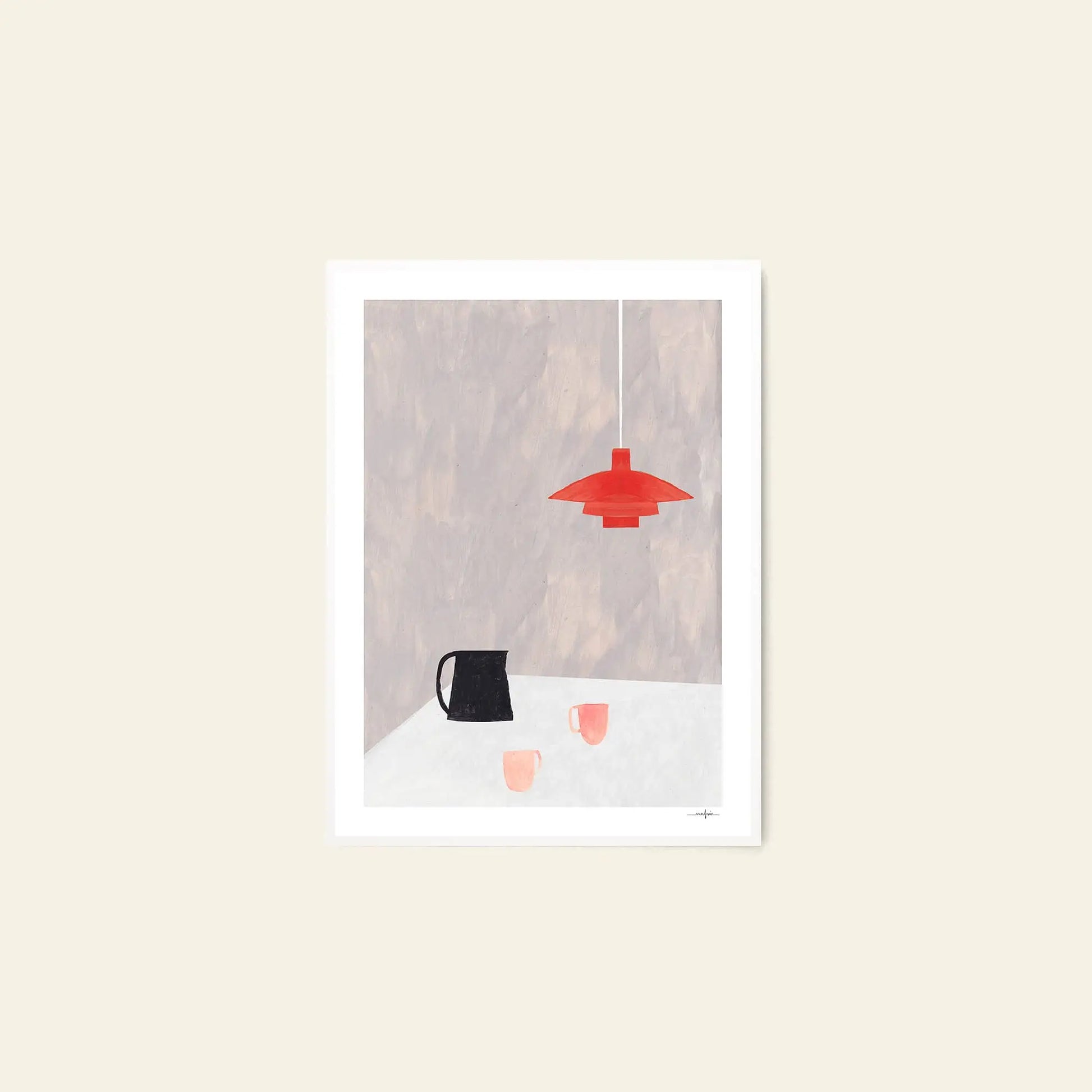 The Poster Club Ana Frois – Orange Pendant (50x70) features minimalist art of an orange pendant lamp, black pitcher, and pink glasses on a white table with a muted gray backdrop—archival giclée print by The Poster Club.