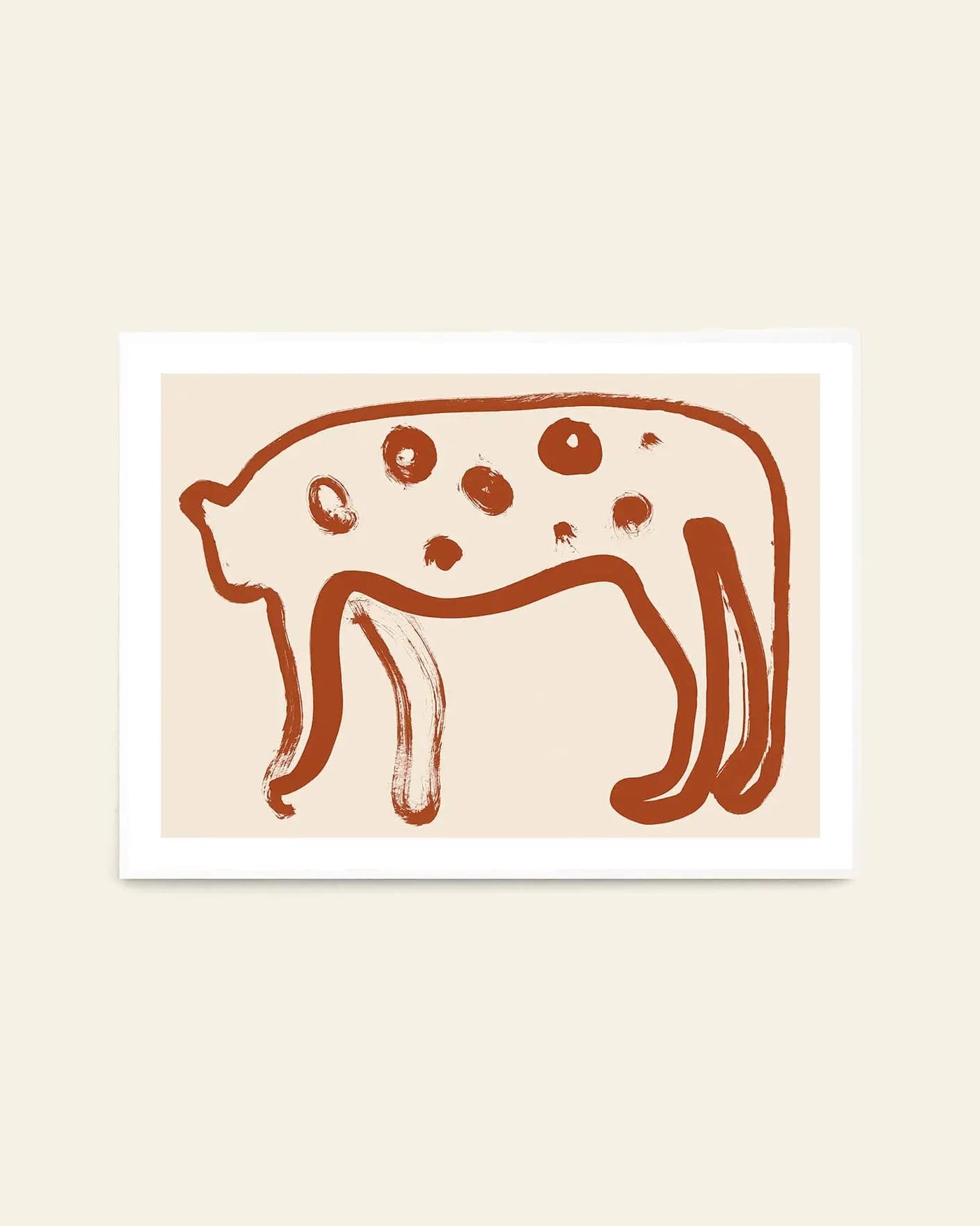 The Poster Club’s Anastasia Krasilnikova - Jaguar 01 (50x70) features a minimalist, brown spotted cat with four legs and a tail on a light beige background, echoing Krasilnikova’s signature style.