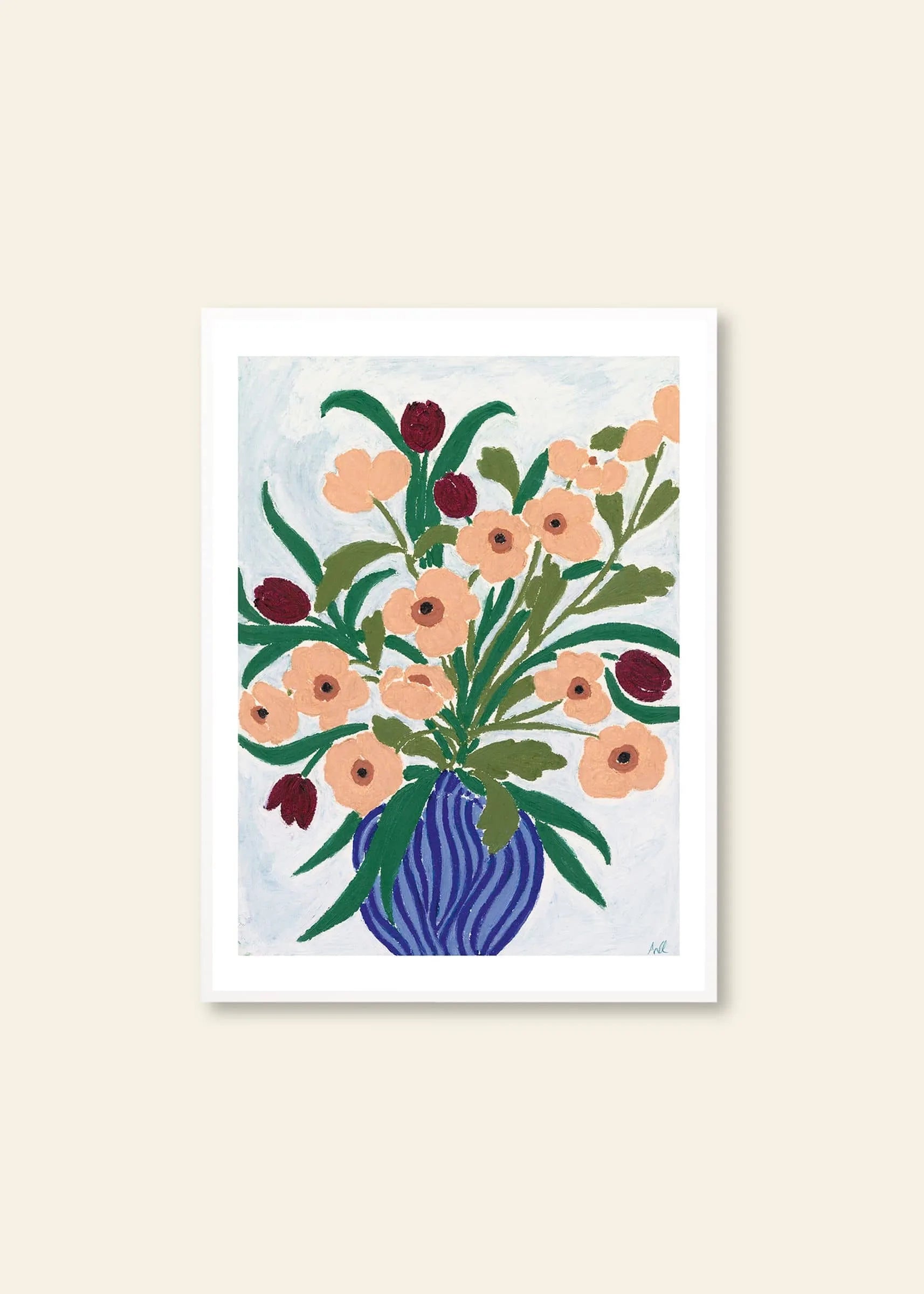 Anine Cecilie Iversen - Cerulean Still Life (30x40) by The Poster Club: a fine art giclée print featuring peach and burgundy flowers with green leaves in a blue striped vase, set on a light textured background and framed in white.