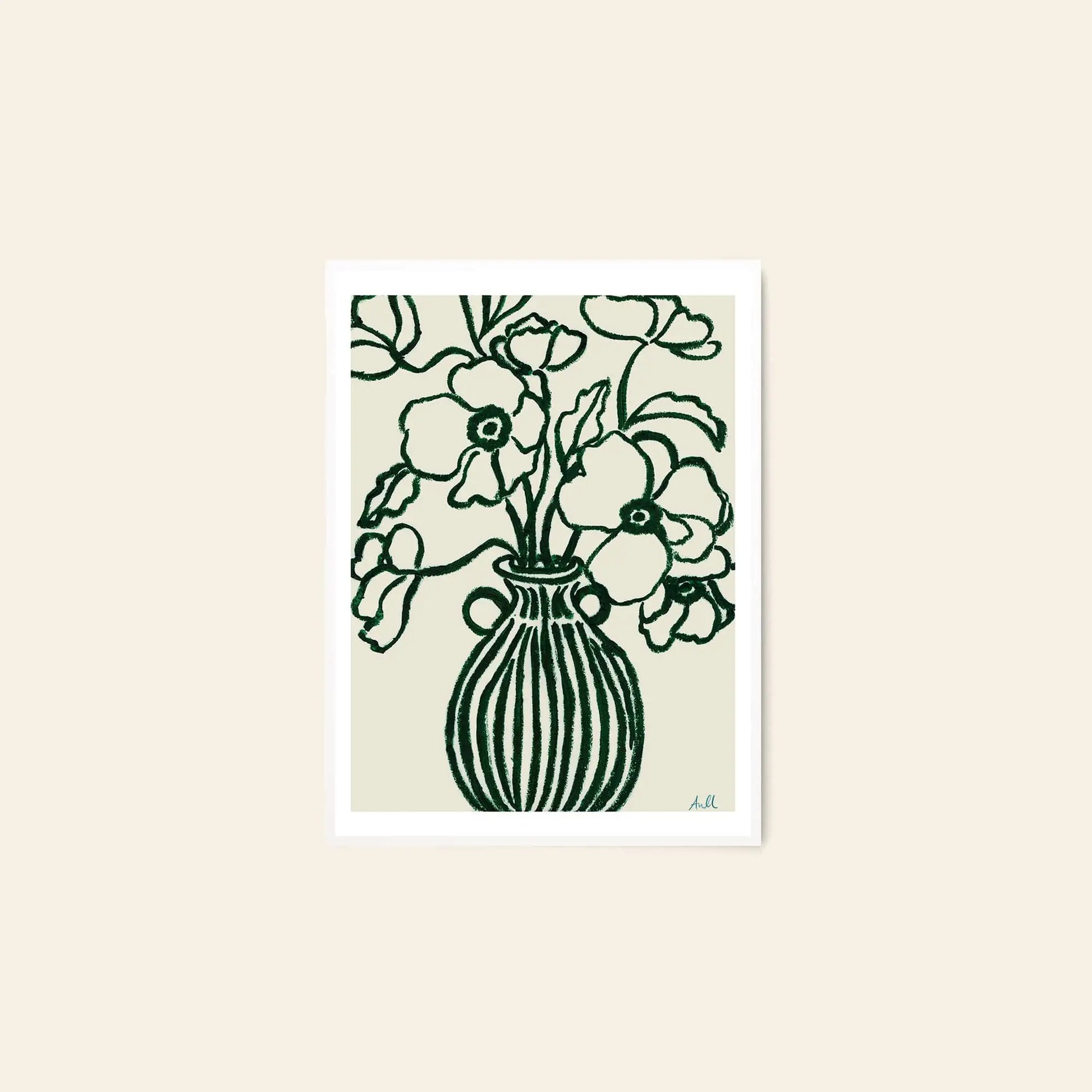 The Poster Club Anine Cecilie Iversen - Poppy Studies III (30x40) is a fine art giclée print featuring large minimalist flowers in a striped vase, dark green on light beige, with a white border—crafted for archival conservation.