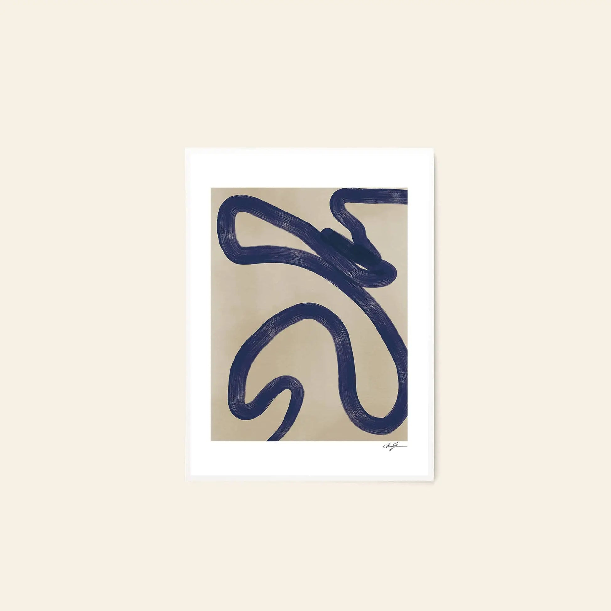 The Poster Club Anna Johansson - Monday (30x40): Minimalist abstract art with a bold blue loop on beige, framed with a white mat. Simple, modern, and elegant design by The Poster Club.