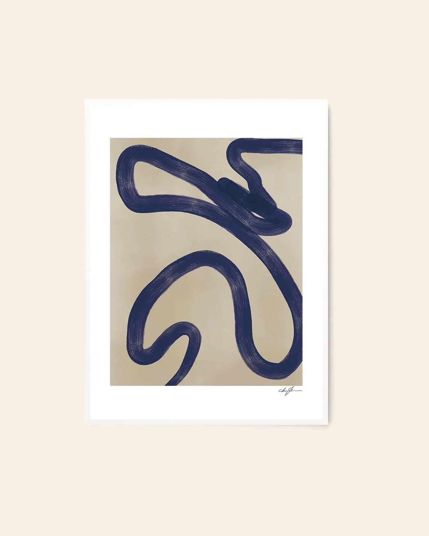 The Poster Club Anna Johansson - Monday (30x40) is a minimalist print with a bold, dark blue wavy line on a neutral beige background and white matโa sophisticated artwork from The Poster Club.