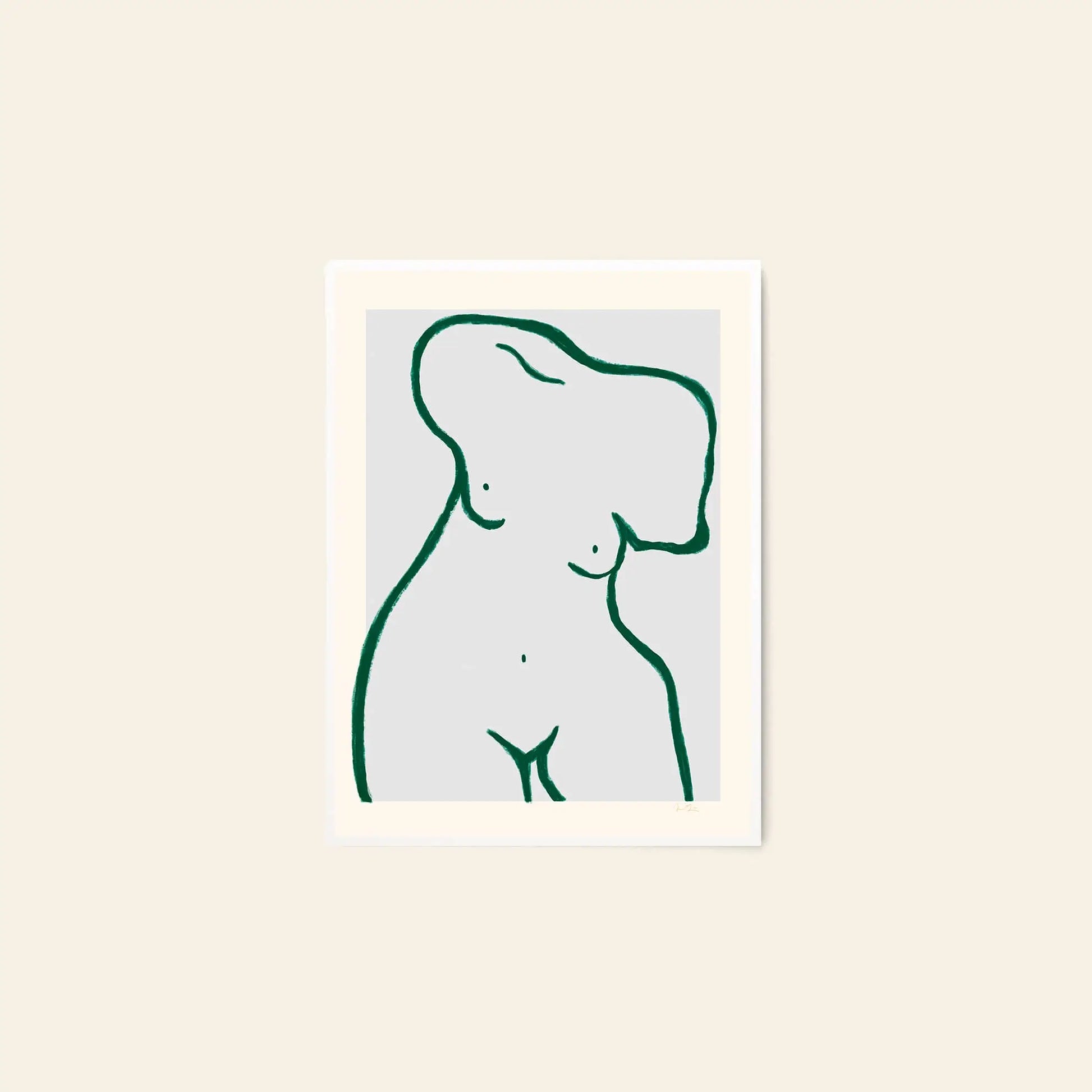The Poster Club Anna Mörner - Statue (50x70): A minimalist green line drawing of a headless, armless nude female torso on light gray, centered in a white frame on beige. Fine art giclée print on premium paper. Inspired by Anna Mörner.