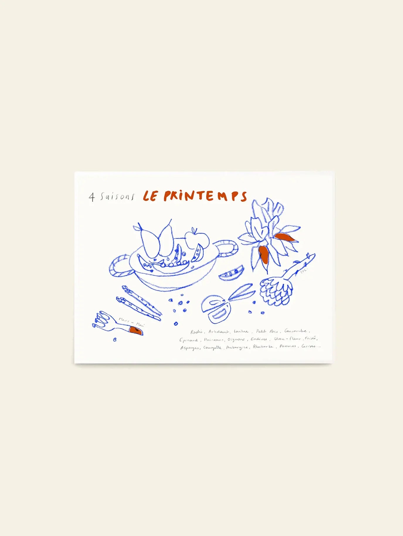The Poster Club’s Le Printemps (30x40) by Another Art Project is a fine art giclée print with a hand-drawn blue and orange bowl of fruit, vegetables, utensils on white, plus handwritten French text beneath.