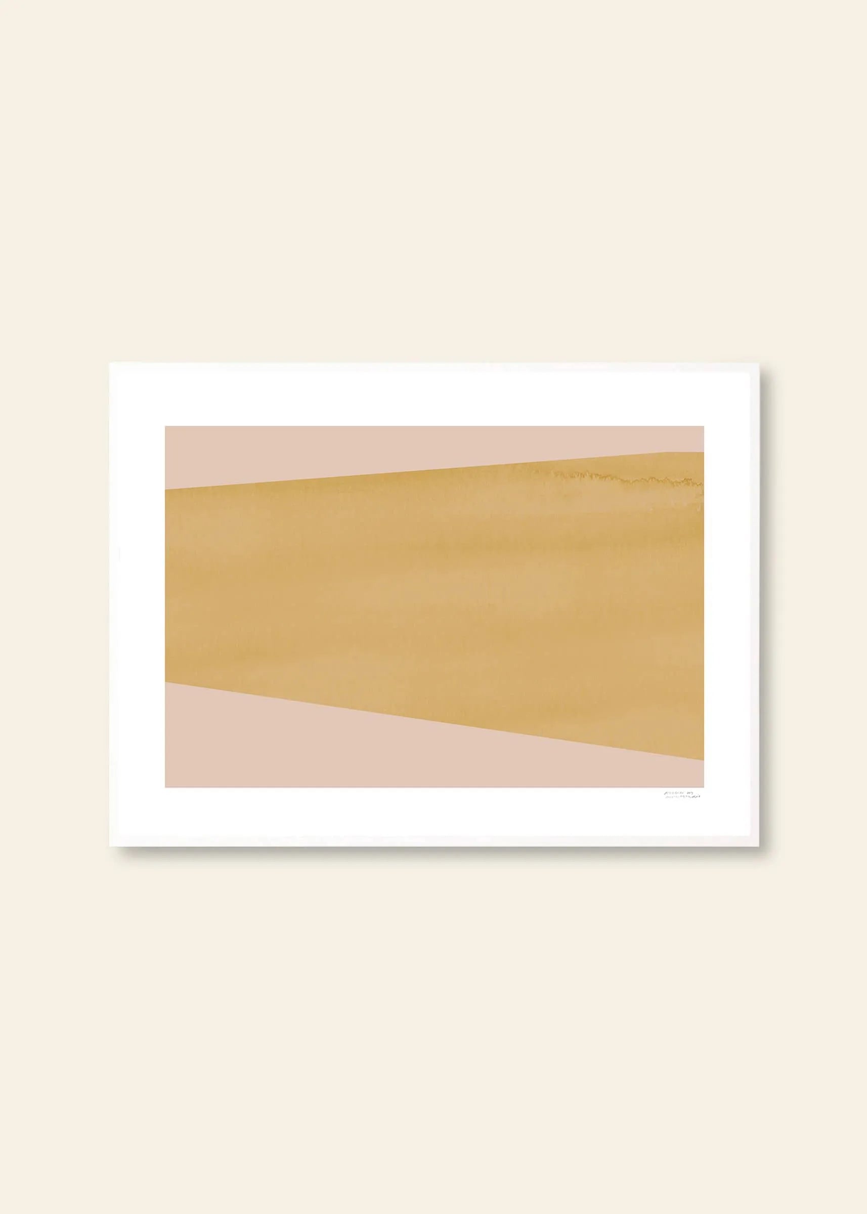 Atelier by Mintstudio - The E1027 Collection No. 05 (30x40) from The Poster Club features a large golden-brown shape on light beige and blush pink, framed in white and set against a cream wall.