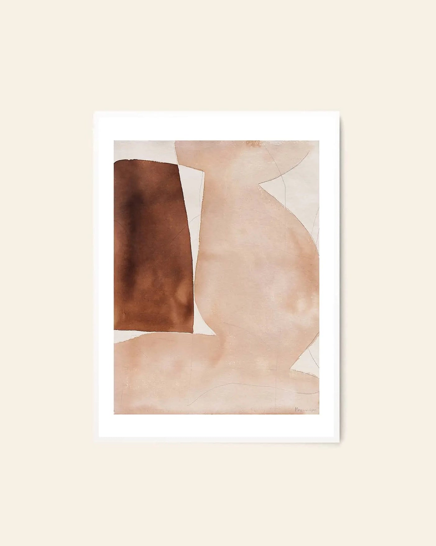 The Poster Club Berit Mogensen Lopez - Bloom (50x70) art print features abstract organic shapes in muted brown and beige, displayed in a white frame against a light cream wall.