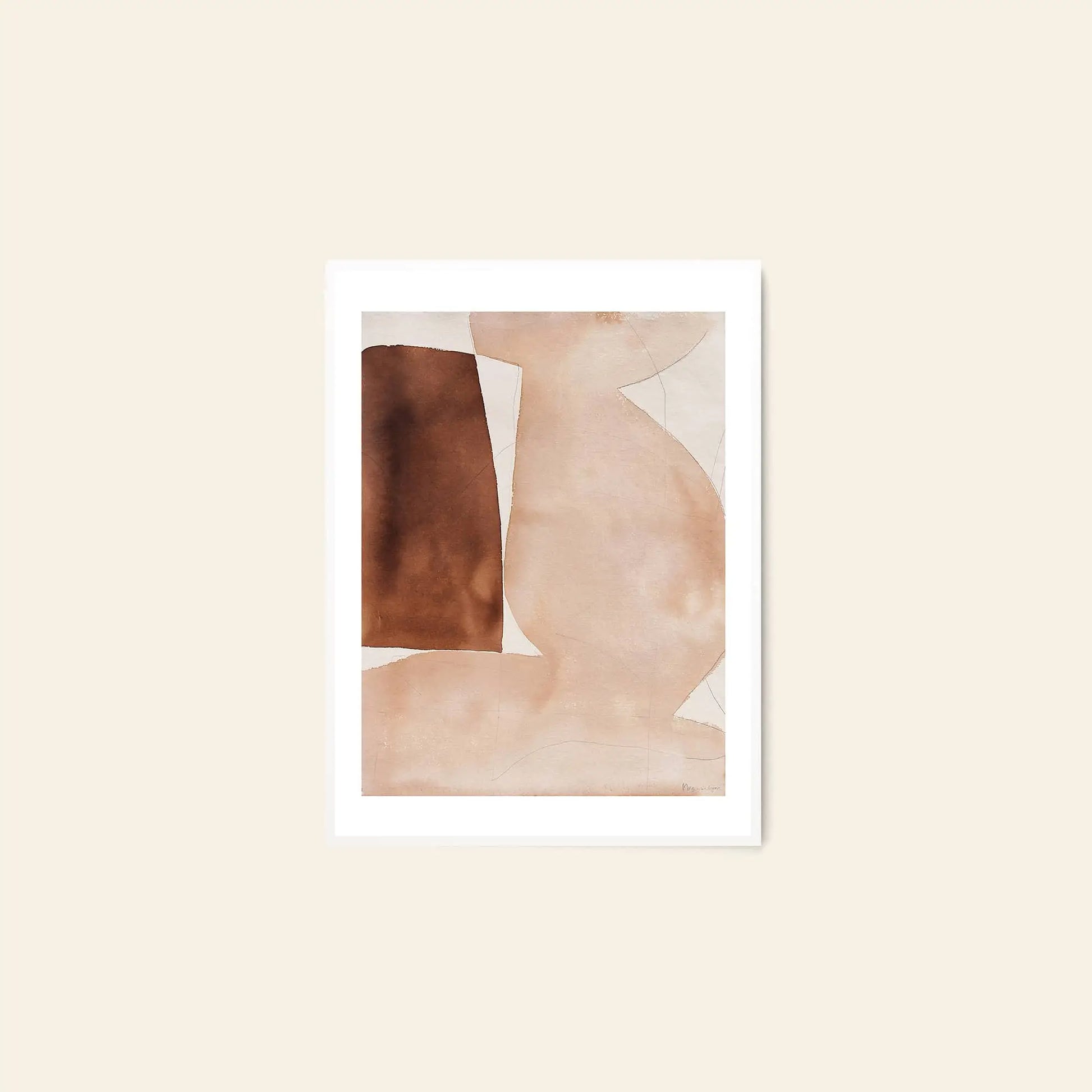 The Poster Club Berit Mogensen Lopez - Improvise (50x70) is a minimalist abstract art print with organic brown and beige shapes on a light background, finished with a white border. Available at The Poster Club.