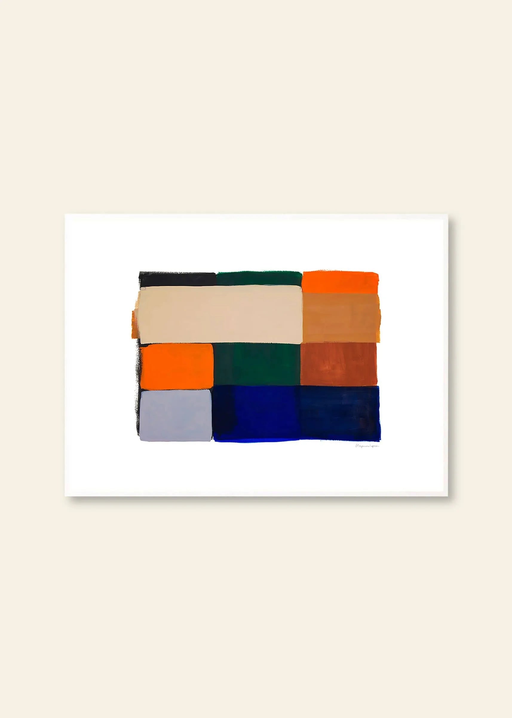 The Poster Club’s Berit Mogensen Lopez - Colour Squares 01 (30x40) art print features nine beige, orange, green, black, blue, and brown rectangles in a grid on white with a light beige border.