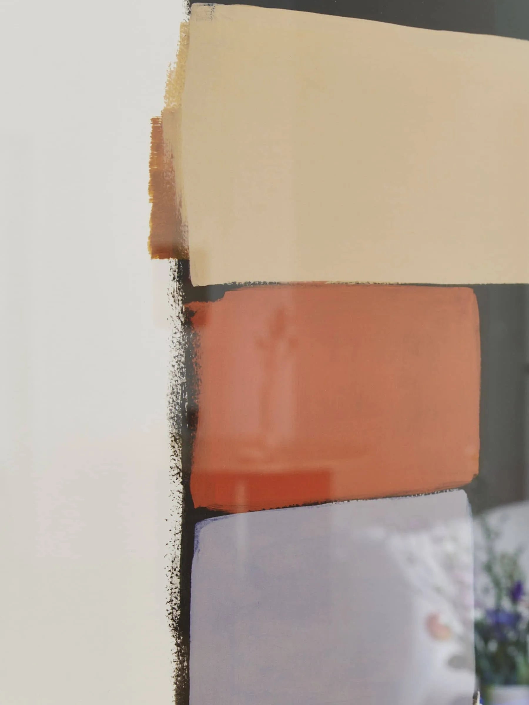 Three vertical rectangular swatches in cream, terracotta, and lavender evoke an art print style in Berit Mogensen Lopez - Colour Squares 01 (30x40) by The Poster Club, with uneven edges and subtle reflections enhancing the design.