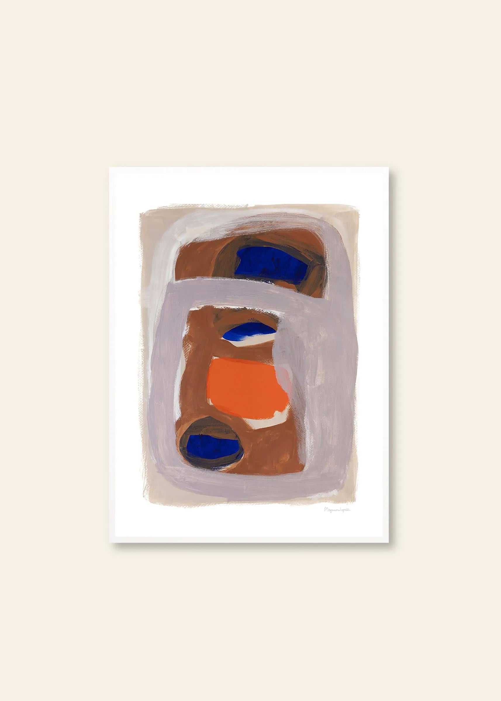 The Poster Club’s Berit Mogensen Lopez - Outline (30x40) art print features irregular brown, blue, and orange shapes layered with beige and gray brushstrokes on a white background, inspired by Lopezs geometric collages.