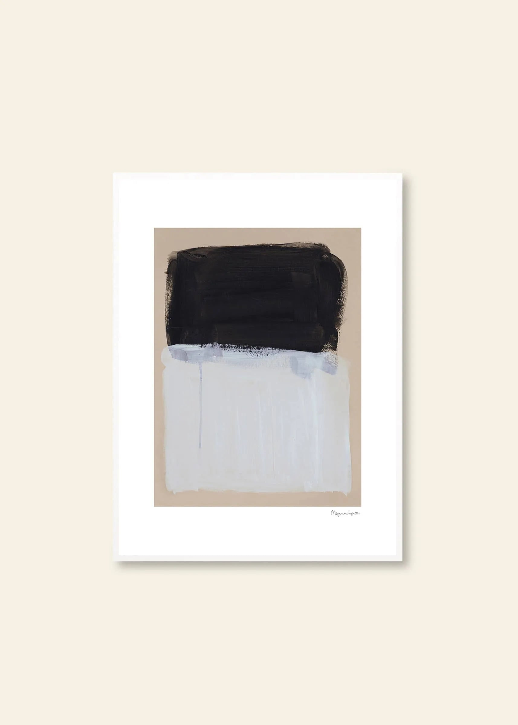 Berit Mogensen Lopez - Painted Surface (30x40) by The Poster Club features minimalist abstract art with black and white rectangular blocks on a beige background, framed by a white border.