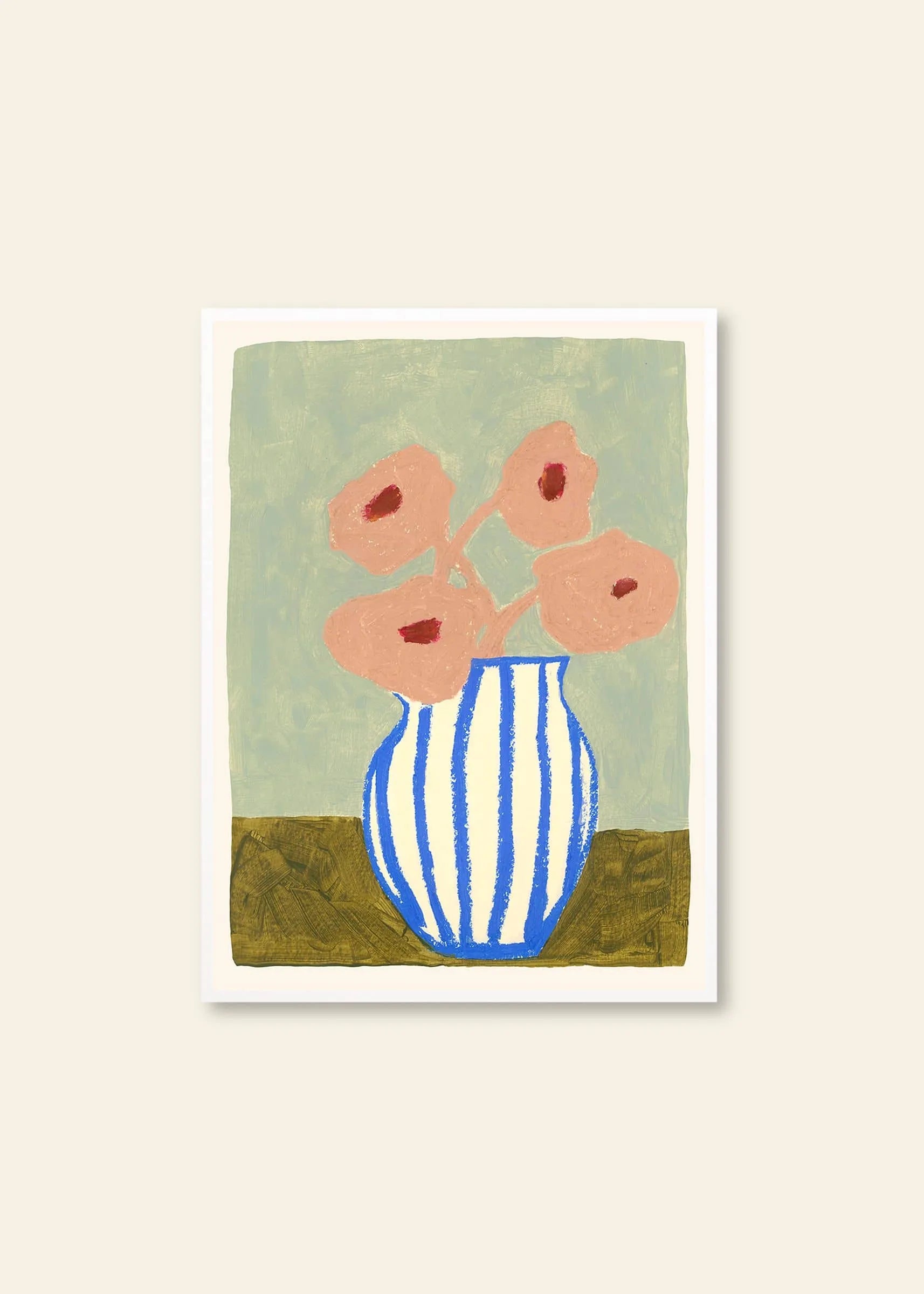 The Poster Clubs Carla Llanos - Pink Flowers (30x40) is a minimalist artwork depicting pink flowers with red centers in a blue and white striped vase, set against a muted green and beige background on a brown surface.