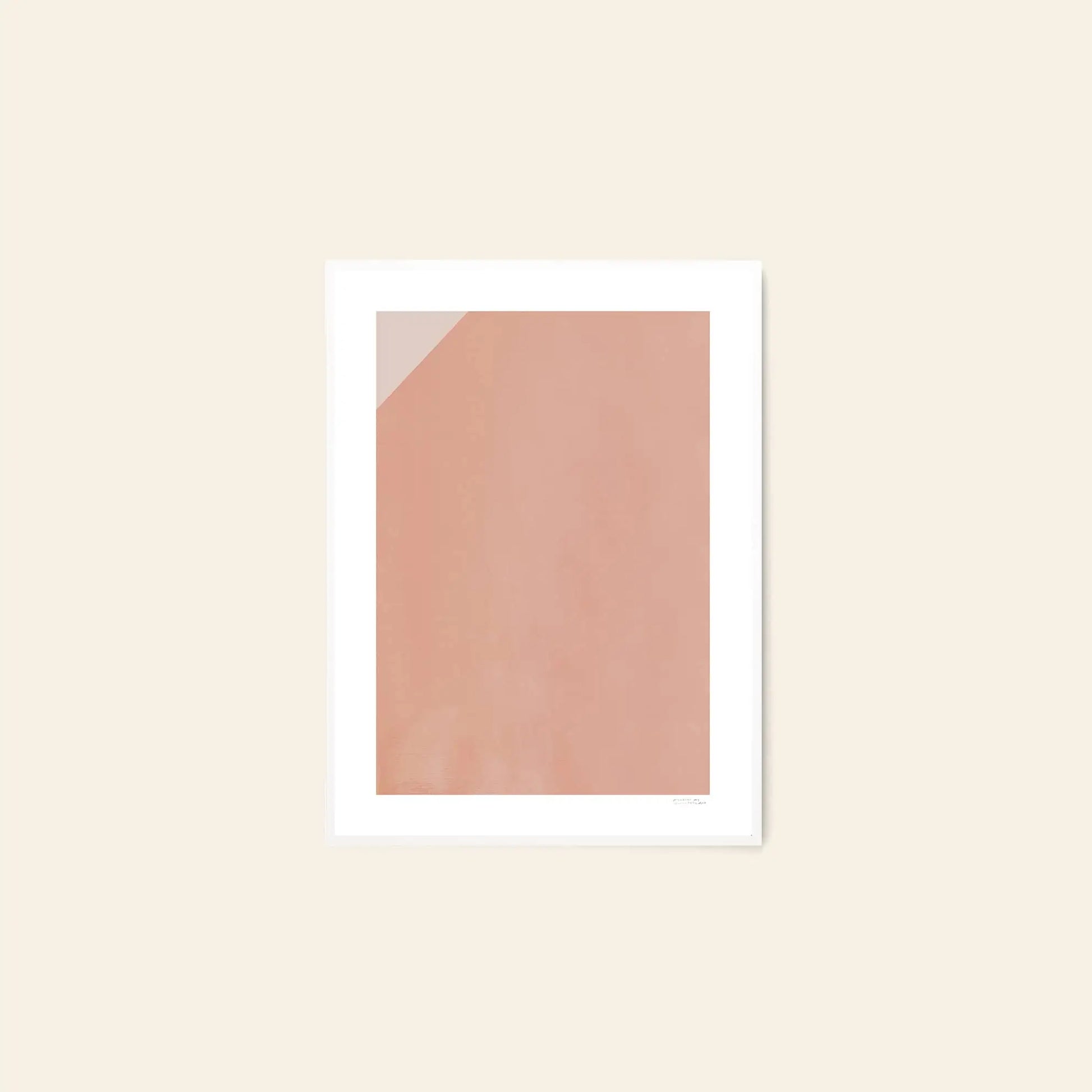 The Poster Club Anna Johansson - Monday (30x40): Minimalist art print with a large pink rectangle and light corner on beige, framed in white. Available at The Poster Club.