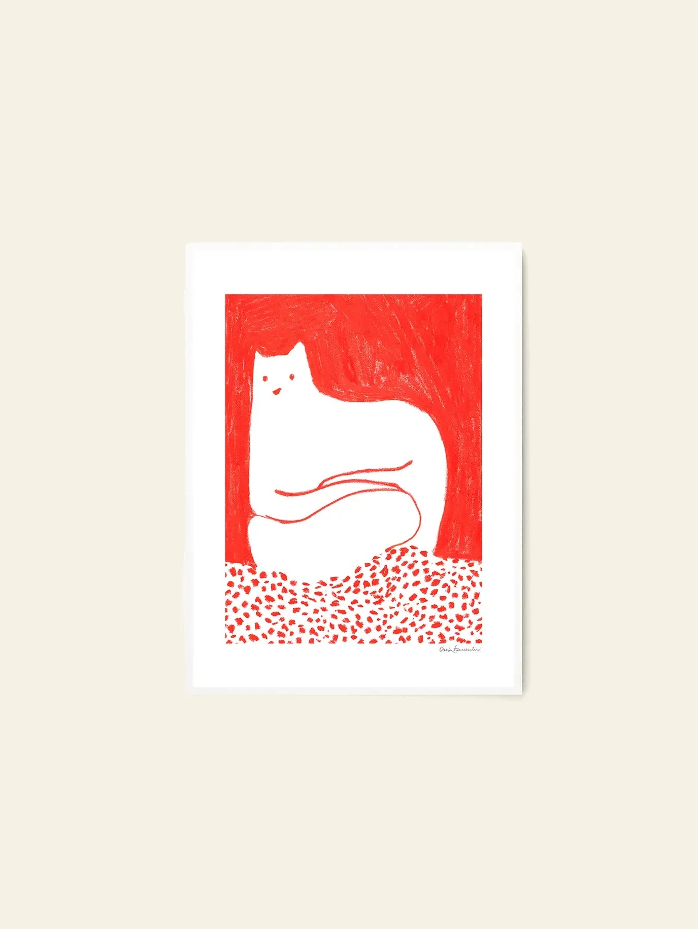 The Poster Club Cinzia Franceschini - Cat In Red (30x40) fine art print features a minimalist white cat with red outlines on a speckled surface and solid red background, capturing the felines calm pose in Cinzia Franceschini’s signature style.