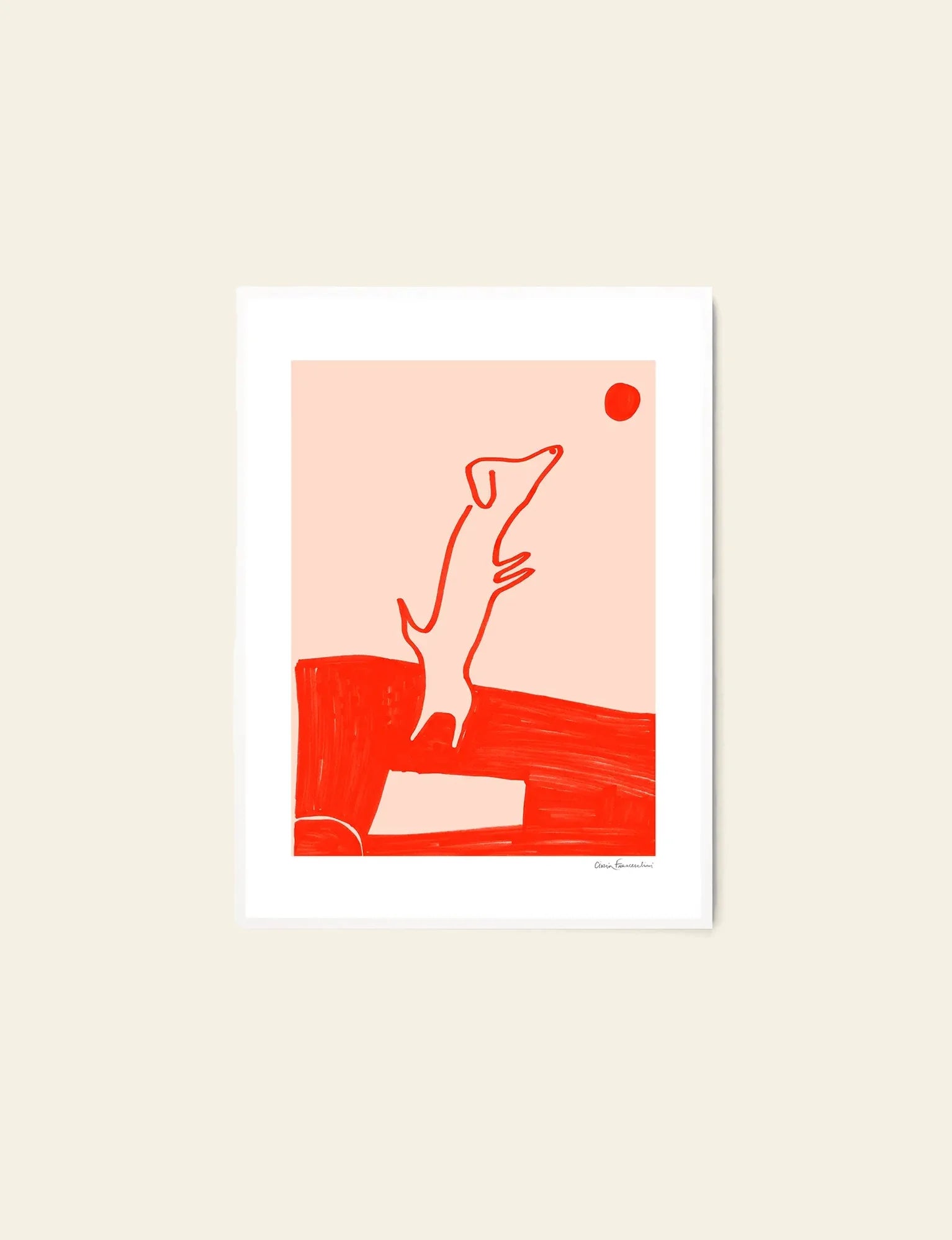 Minimalist print of a dog on hind legs reaching for a red ball, with bold red lines on beige. “Divertissement” (30x40) by Cinzia Franceschini, archival giclée print from The Poster Club.