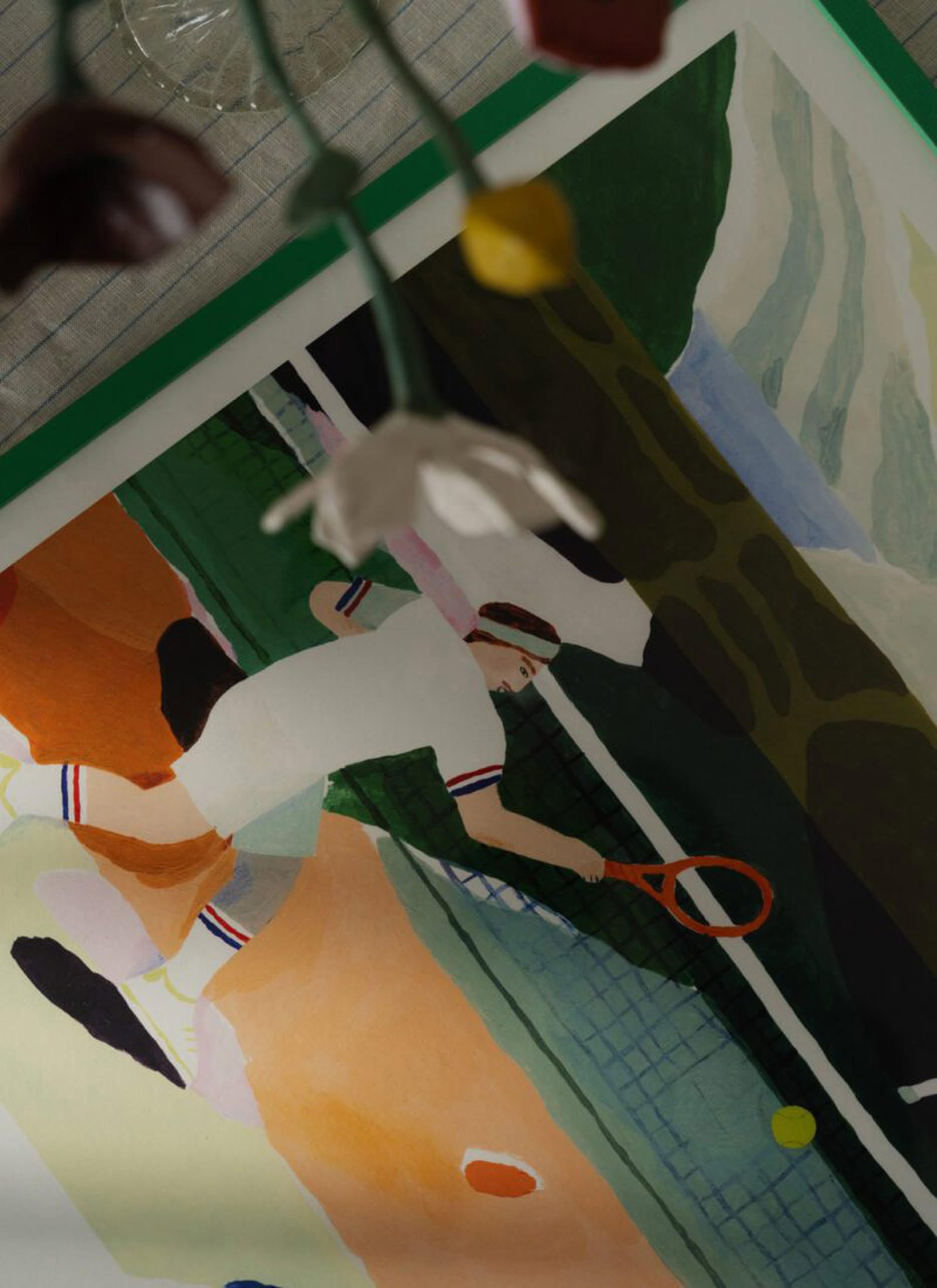 A vibrant giclée print, The Poster Club Clara Selina Bach - Tennis (30x40), shows a tennis player in action with an orange racket, blurred flowers, and a glass above the colorful scene.