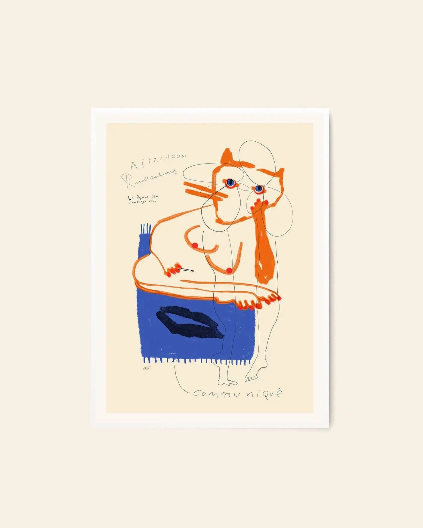 The Poster Club Das Rotes Rabbit - Afternoon Communiqué (50x70) fine art print by The Poster Club features abstract nude lines in orange and blue, a contemplative pose, exaggerated features, and scribbled text accents on the top left and bottom.