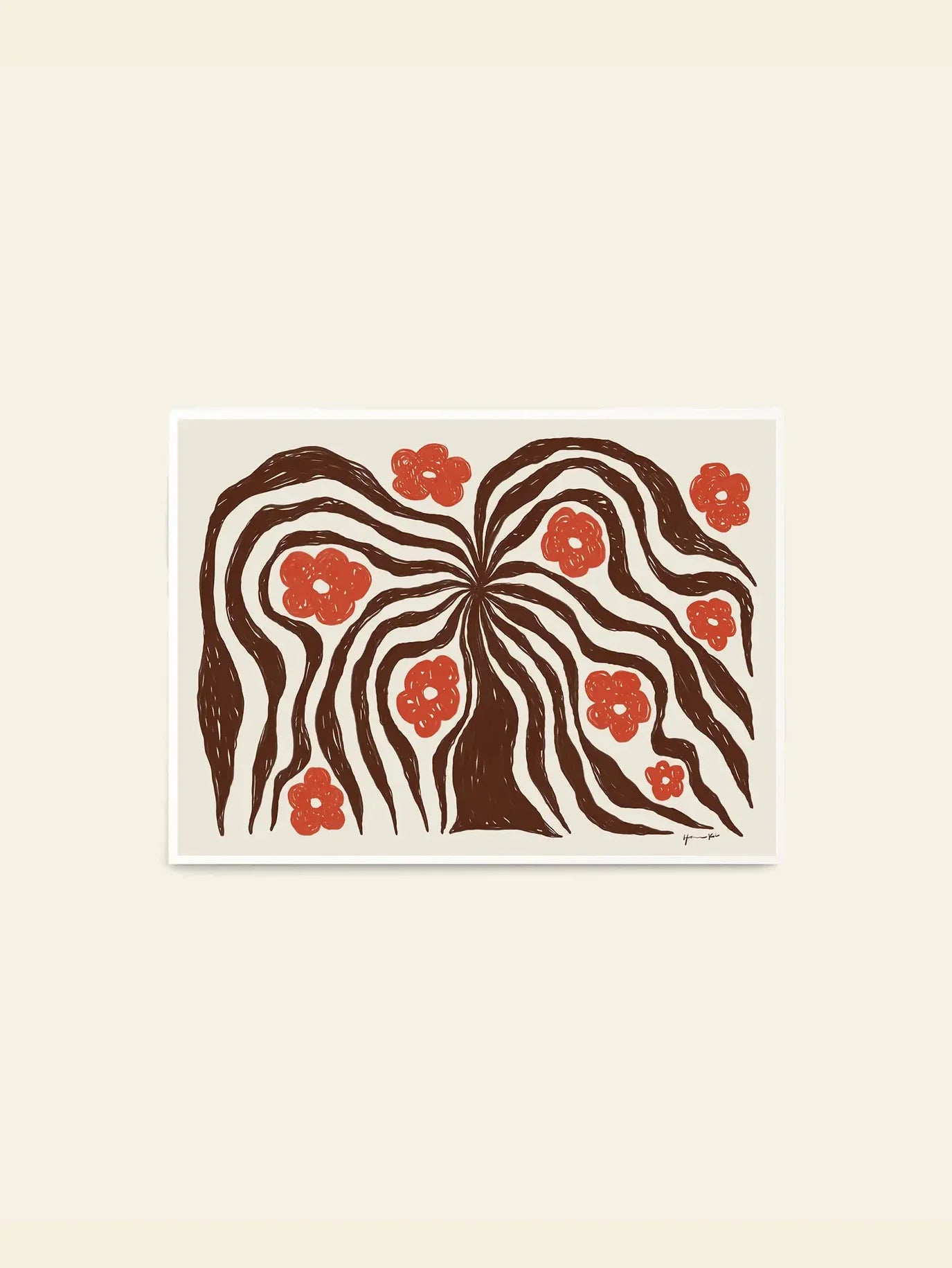 The Poster Club Hanna KL - Flux (30x40) art print features wavy brown lines and red flowers on a beige background, evoking nature and adding a unique touch to your decor. Available from The Poster Club.