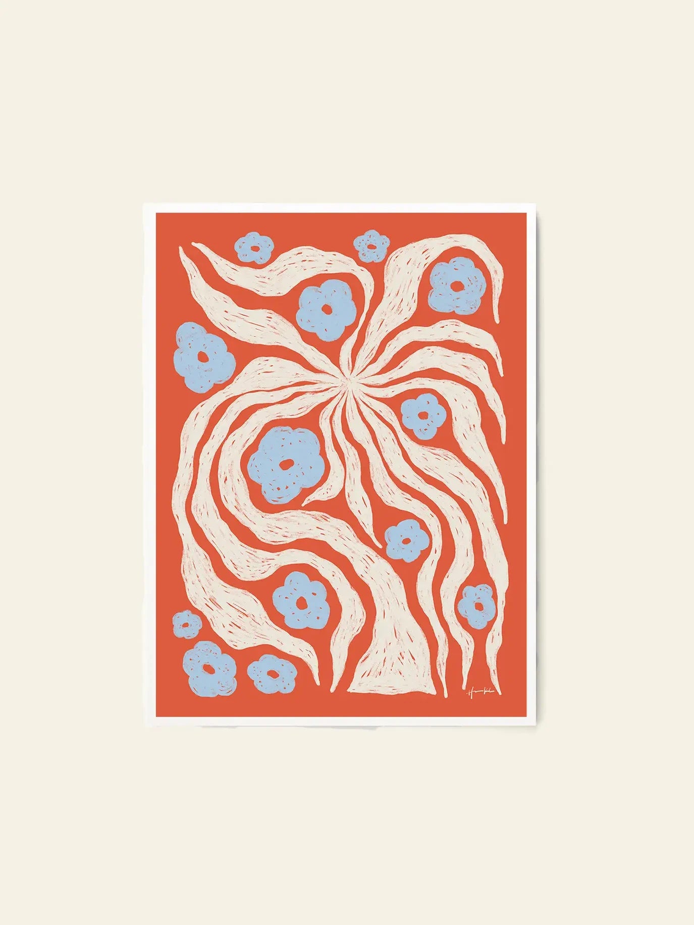 The Poster Club Hanna KL - Misty (50x70) art print features cream swirls and blue floral shapes on orange, framed with a white border and shown on a beige surface. Available from The Poster Club.