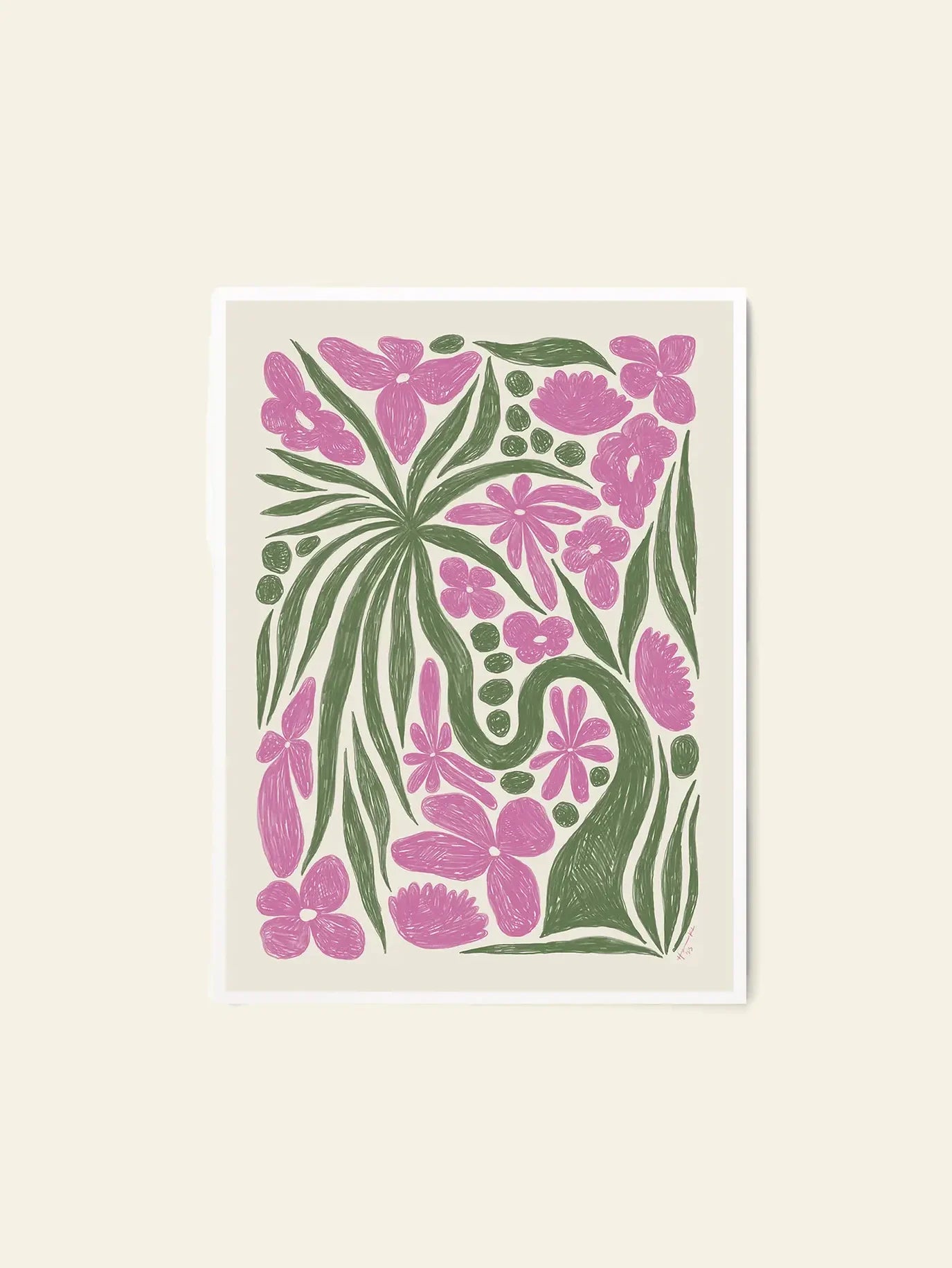 The Poster Club Hanna KL - Wonder (50x70) is a modern hand-drawn art print with stylized green leaves and pink flowers on an off-white background—perfect for any space, available at The Poster Club.