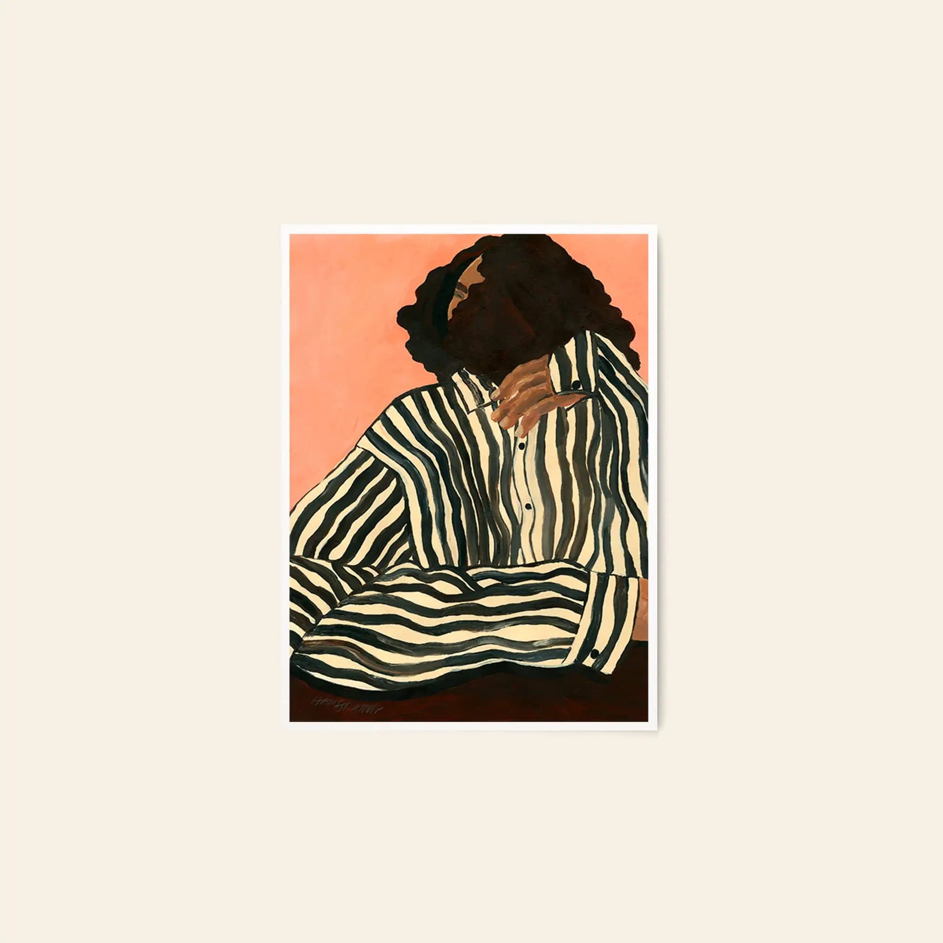 The Poster Club Anna Johansson - Monday (30x40) shows a person with dark skin and wavy hair in a loose black-and-white striped outfit, seated with one hand on their chest against a muted peach background. Available at The Poster Club.