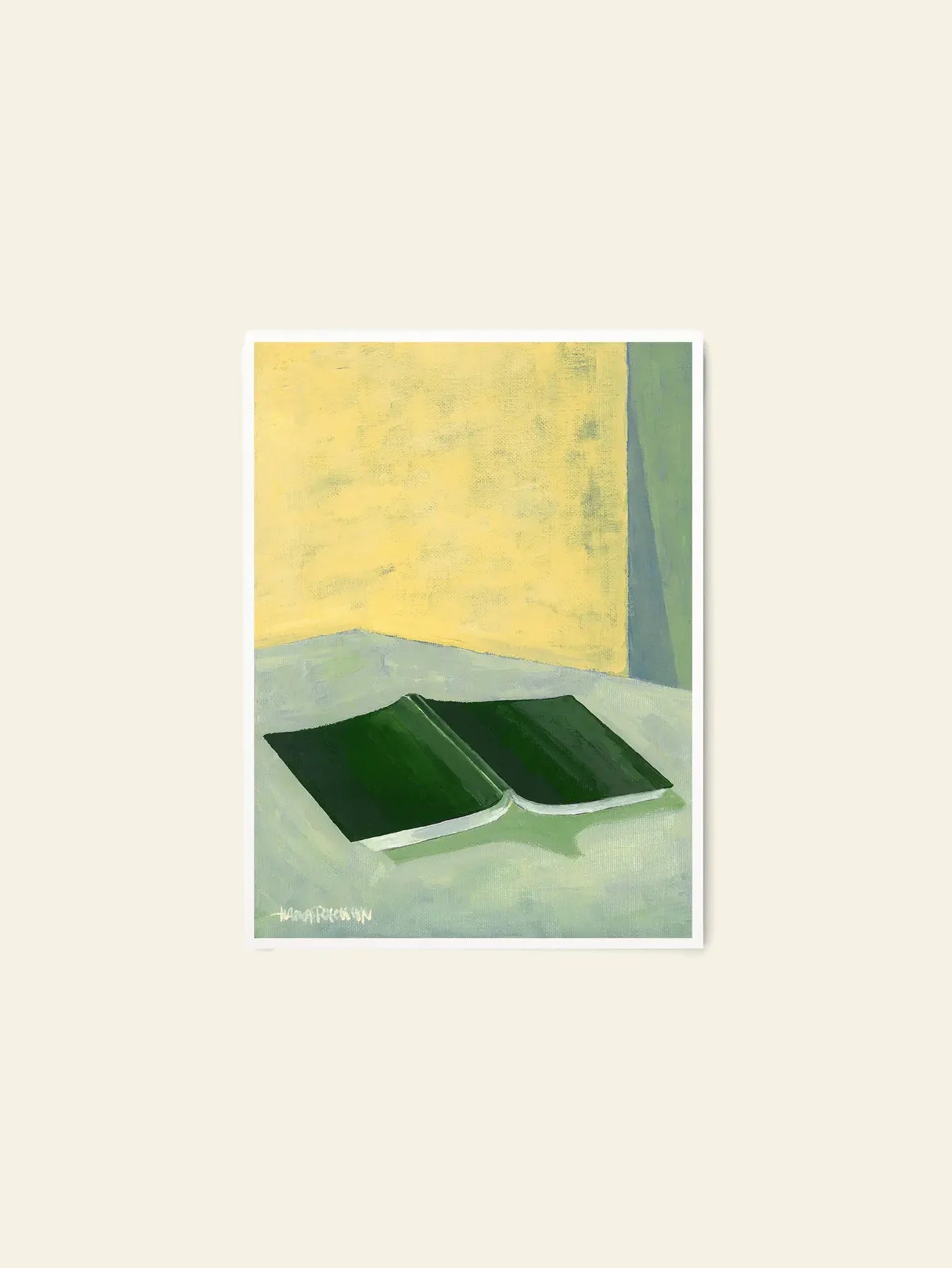 The Poster Club Hanna Peterson - The Book (30x40): A minimalist art print featuring an open green book on a light surface, set against a yellow and green wall, reflecting Hanna Petersons refined style for The Poster Club.