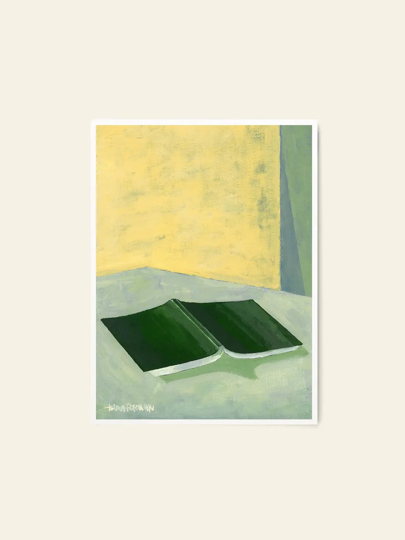 The Poster Club Hanna Peterson - The Book (50x70) is a minimalist fine art print with an open green book on a light green surface, set against a yellow wall—ideal for fans of interior style.