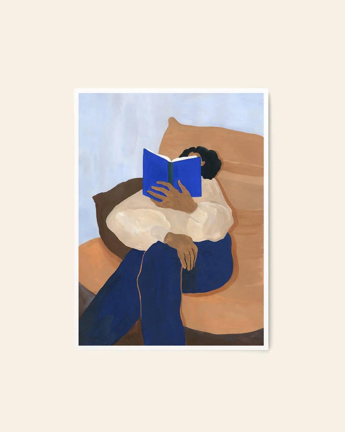 The Poster Club Hanna Peterson - The Togo (30x40) features an abstract person reclining on a brown chair, reading a blue book. Printed as a giclée on premium art paper by The Poster Club for vibrant color and lasting quality.