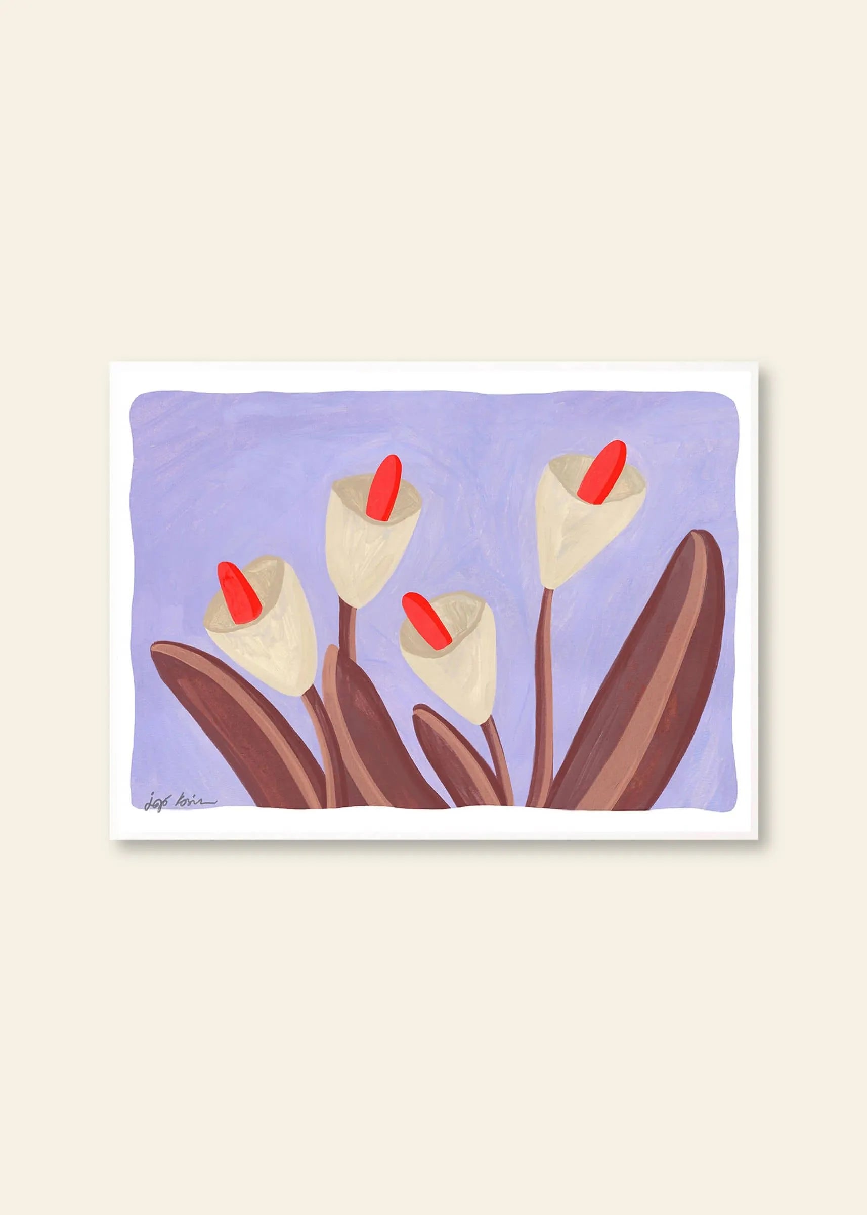 Iga Kosicka - Flowers 03 (30x40) by The Poster Club features four white calla lilies with red centers and brown leaves on a light purple background, framed with a white border, inspired by Iga Kosickas style.