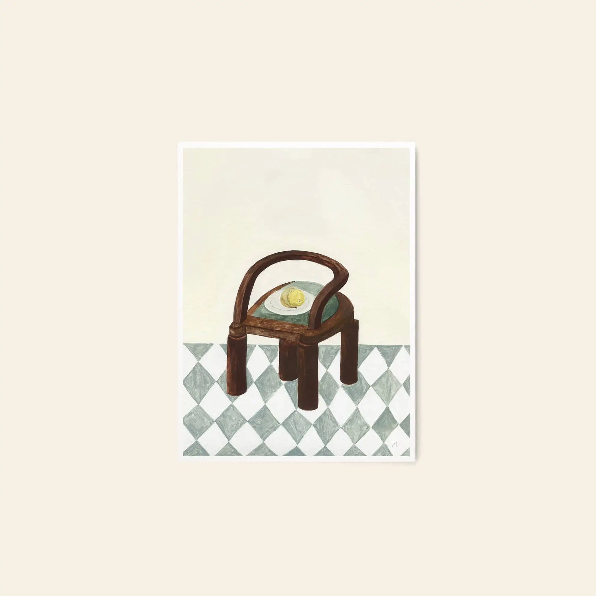 The Poster Club Berit Mogensen Lopez - Bloom (50x70) art print depicts a wooden chair with a rounded backrest on a gray and white checkered floor, a lemon on its light blue seat, and a plain off-white background.