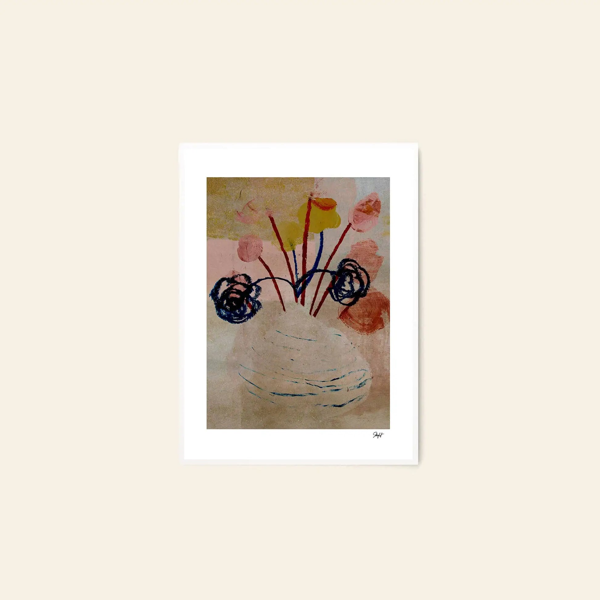 The Poster Club Madelen Möllard - Flowers in Blue Vase (50x70): Abstract art print with a white vase and colorful flowers on a soft beige and peach background. Available at The Poster Club.