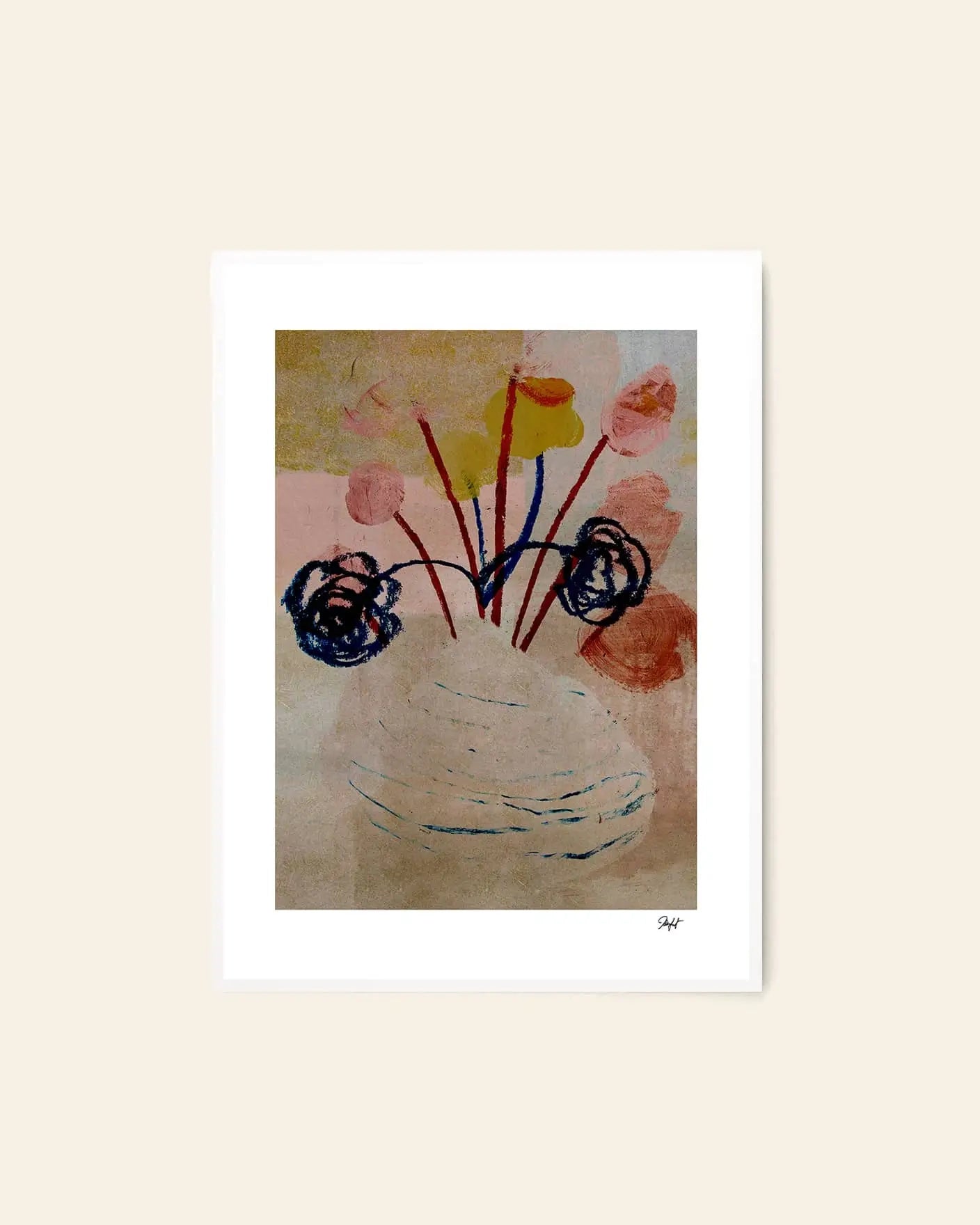 The Poster Club Johannes Geppert - Blooming (50x70) is a minimalist art print featuring abstract blue and red floral lines on a beige and pink background, with textured style and a white border. Brand: The Poster Club.