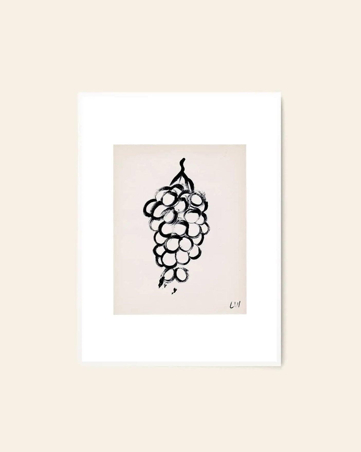 The Poster Club Lena Wigers - Grapes (50x70) features a minimalist black ink grape bunch drawing on white, framed against beige. A fine art giclée print, signed LM, capturing Lena Wigers’ signature style for The Poster Club.