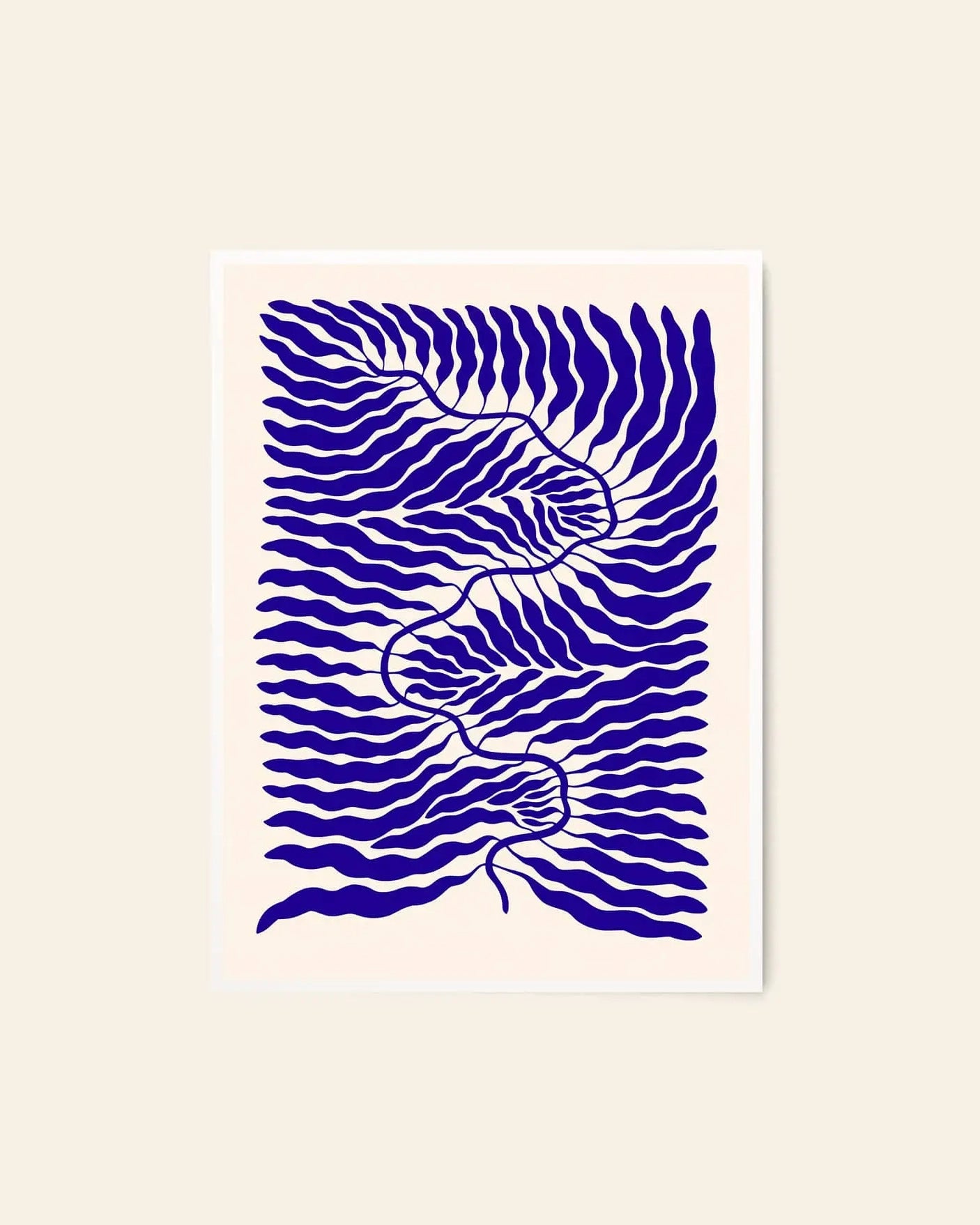 The Poster Club Linnéa Andersson - Little Blue (50x70) art print features abstract, wavy dark blue lines with a leaf-like pattern and a central curving line, reflecting Andersson’s signature style. From The Poster Club.