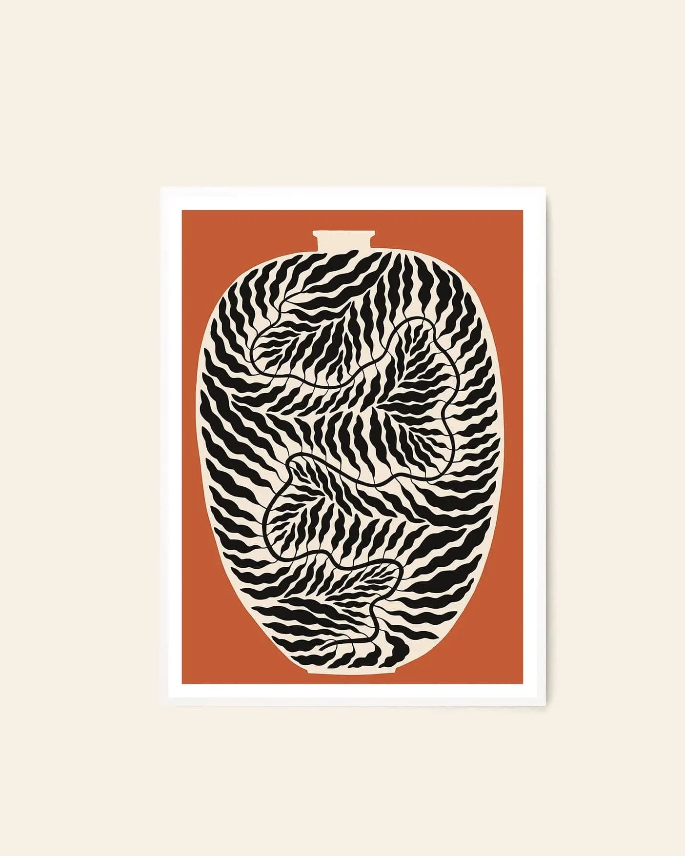 The Poster Club Linnéa Andersson - Urn Terracotta (50x70) art print features a vase with wavy black and cream stripes on a rust-red background, framed in white.