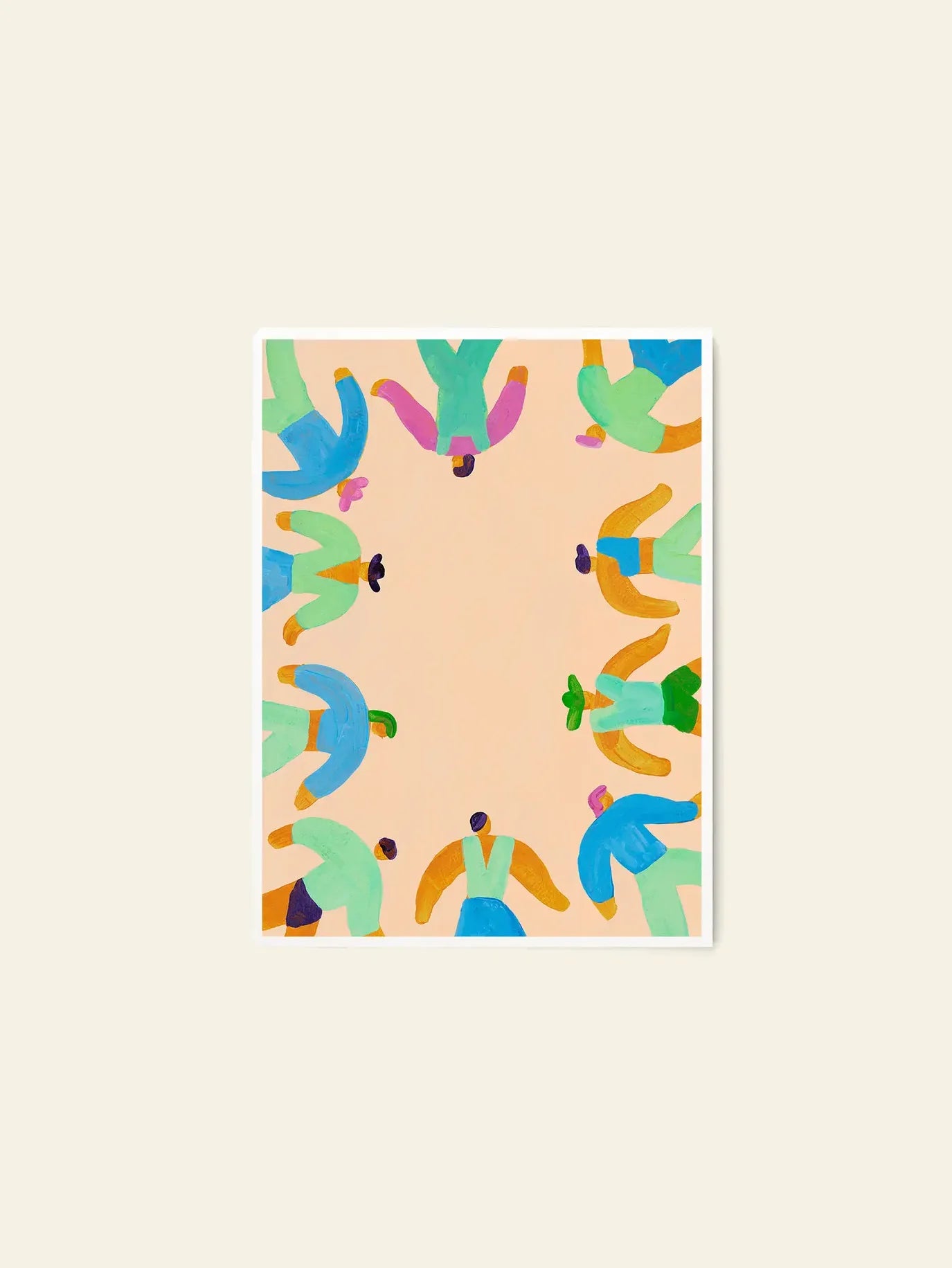 The Poster Club Lise Uhrskov - On The Edge (30x40) features abstract human figures in a circular arrangement on a light peach background, with green, blue, orange, and purple tones. Available as a fine art giclée print from The Poster Club.