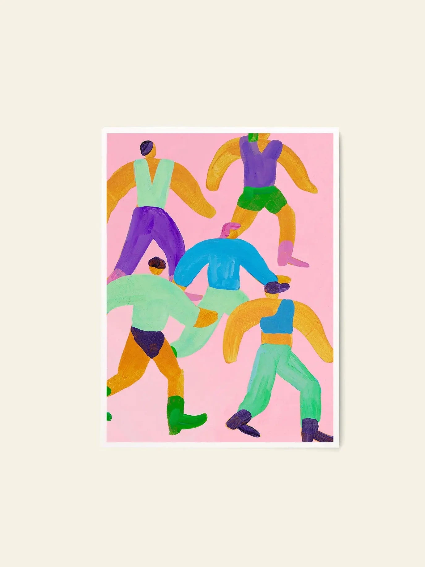 The Poster Club Lise Uhrskov - Walk The Walk (50x70) is a vibrant giclée print featuring five abstract human figures with exaggerated limbs dancing energetically against a pink backdrop in bold greens, blues, purples, and oranges.