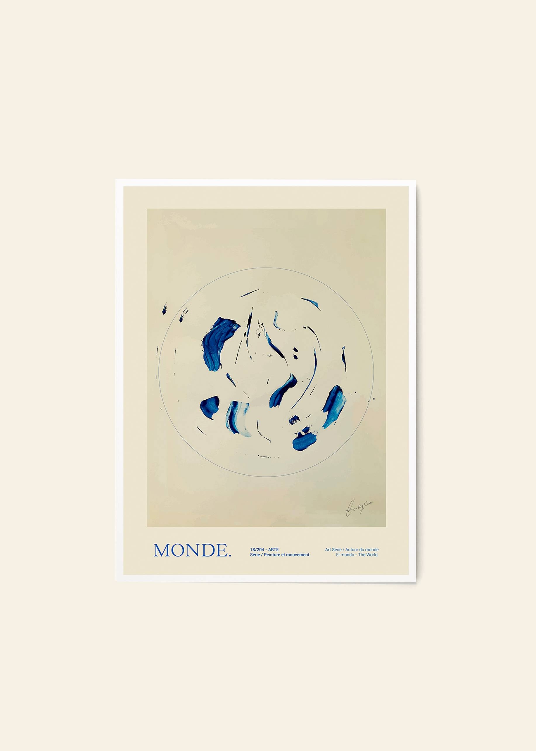 The Poster Club Lucrecia Rey Caro - Le Monde (50x70) is a minimalist art print with abstract blue brush strokes on beige, a thin circular outline, and “MONDE.” plus additional text at the bottom. Designed for The Poster Club.