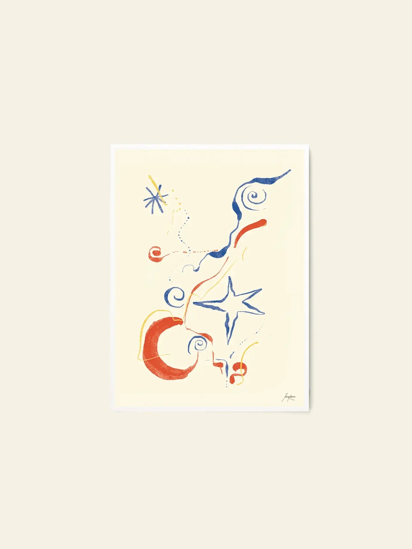 The Poster Club Lucrecia Rey Caro - Nos Encontramos (30x40) features playful blue, red, and yellow swirls, lines, stars, and circles on a cream background—an abstract print with freeform doodles and cosmic symbols from The Poster Club.