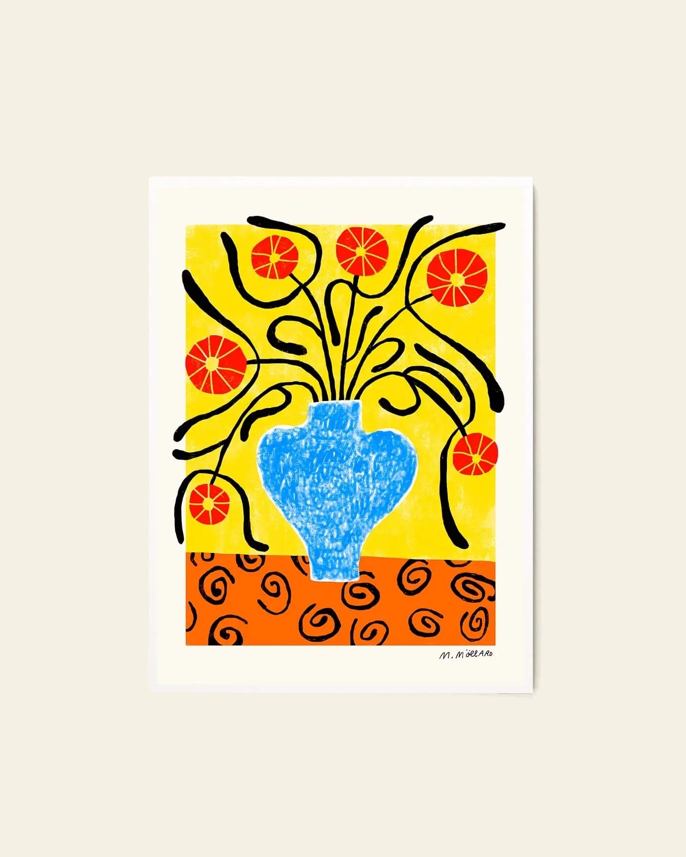 The Poster Club Madelen Möllard - Flowers in Blue Vase (50x70) showcases abstract art with a blue vase, black stems, and orange flowers on an orange table against a yellow background. Available at The Poster Club.