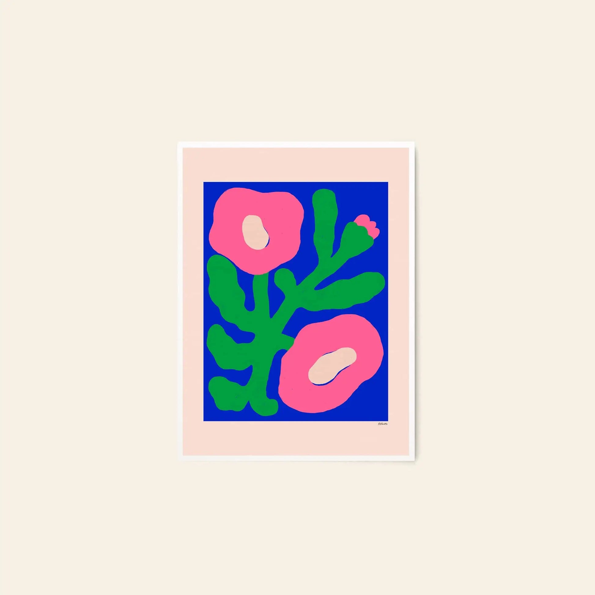 The Poster Club Madelen Möllard - Flowers in Blue Vase (50x70) art print features two abstract pink flowers with green stems on a vibrant blue background, bordered by a light beige mat and set against a simple cream backdrop.