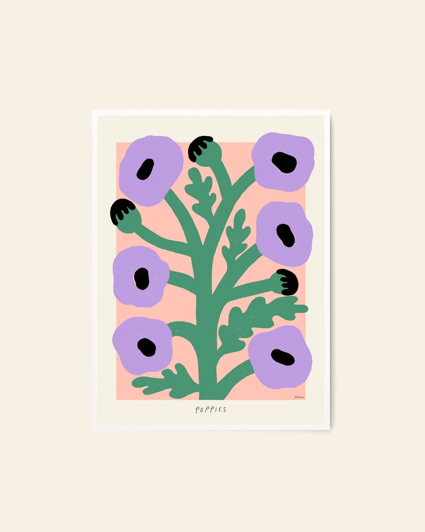 The Poster Club Madelen Möllard - Purple Poppies (50x70): A minimalist fine art print featuring a green poppy plant with six purple flowers on a peach background, POPPIES below. Inspired by Madelen Möllard and sold by The Poster Club.