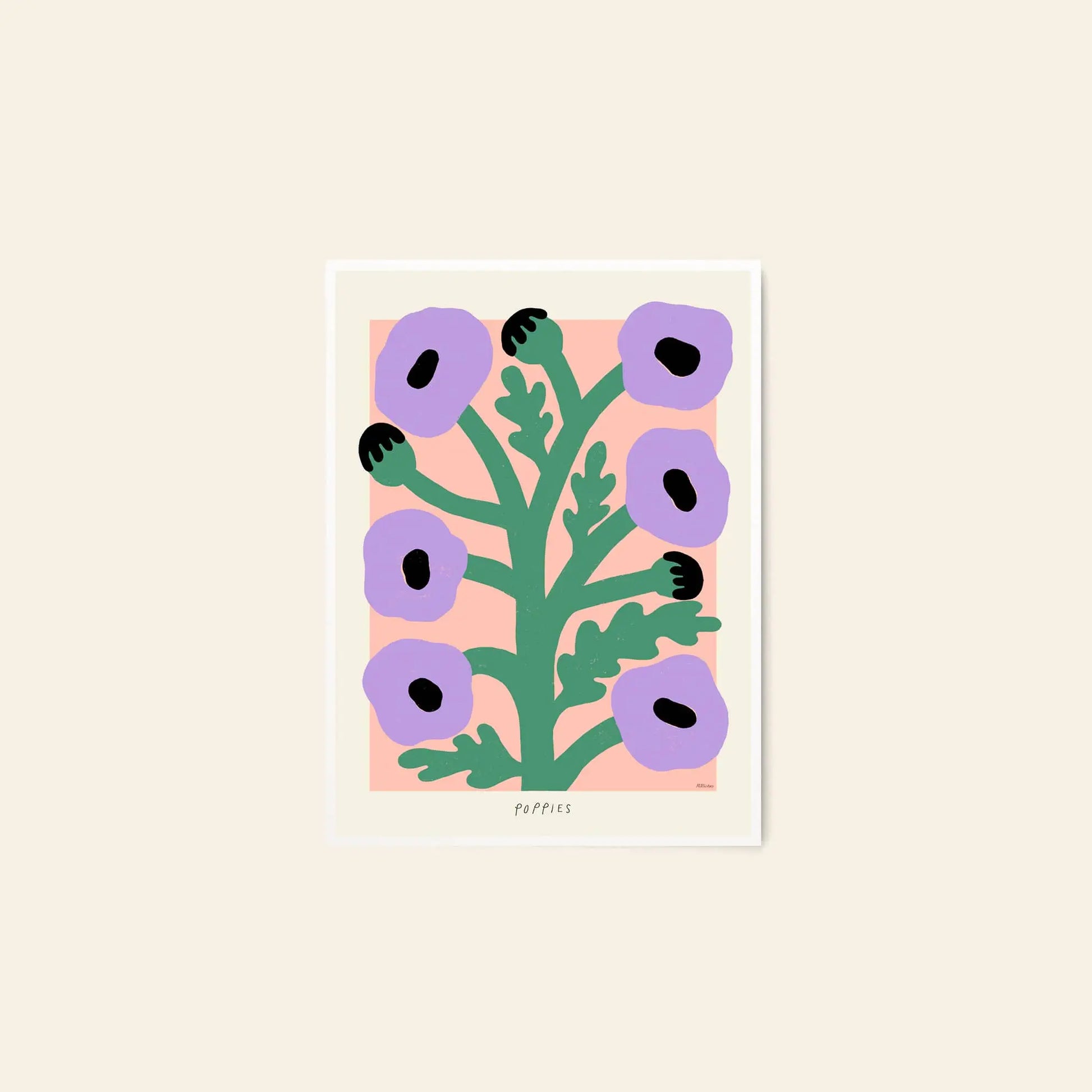 Illustration of a plant with six purple flowers and green stems in a pink background with cream border. Flowers in Blue Vase (50x70) art print by Madelen Möllard, available at The Poster Club.