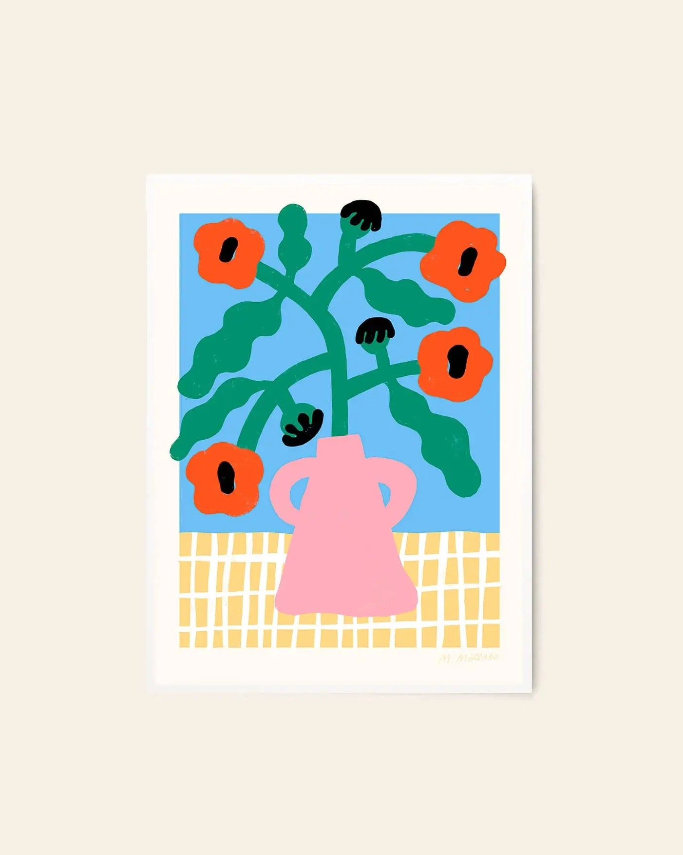 The Poster Club Madelen Möllard - Red Poppies in Pink Vase (50x70) features bold, abstract art with red poppies in a pink vase on a yellow checkered surface, capturing The Poster Club’s vibrant signature style.
