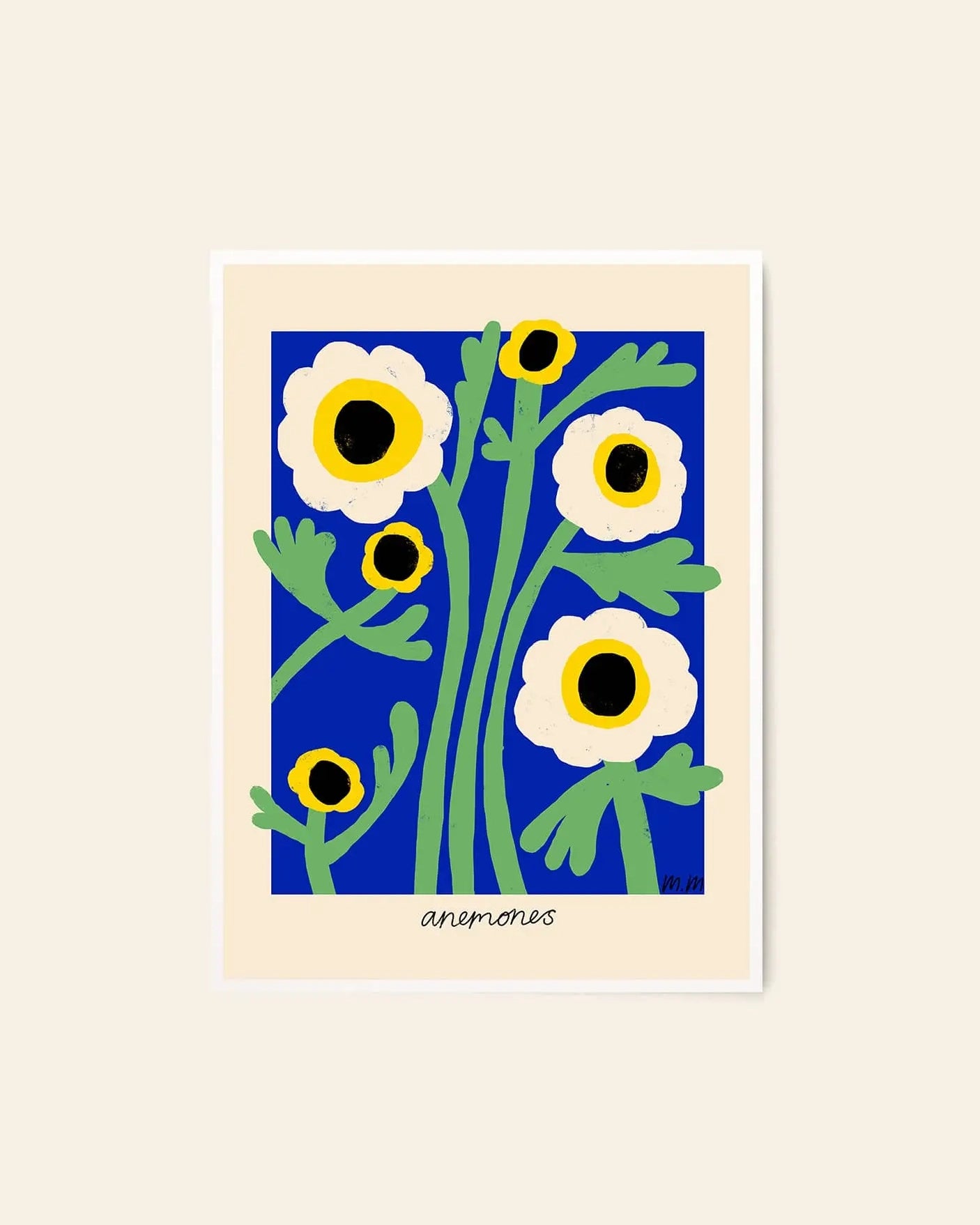 The Poster Club’s Madelen Möllard - Yellow Anemones (50x70) features five white anemone flowers with yellow and black centers, green stems and leaves on a bright blue background, with Anemones in cursive on a cream border.
